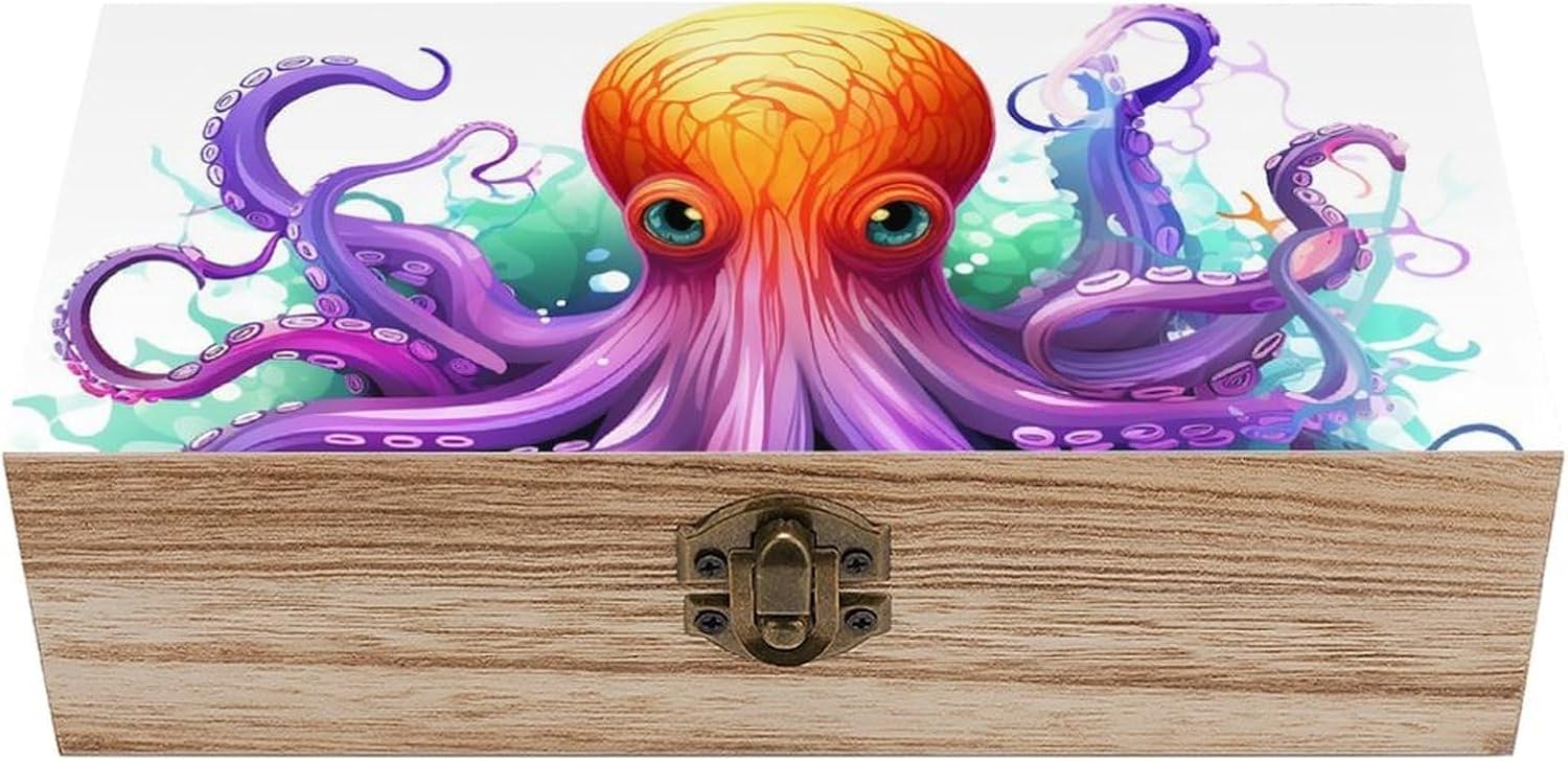 Colorful Octopus Large Wooden Keepsake Box, Memory Box for Home