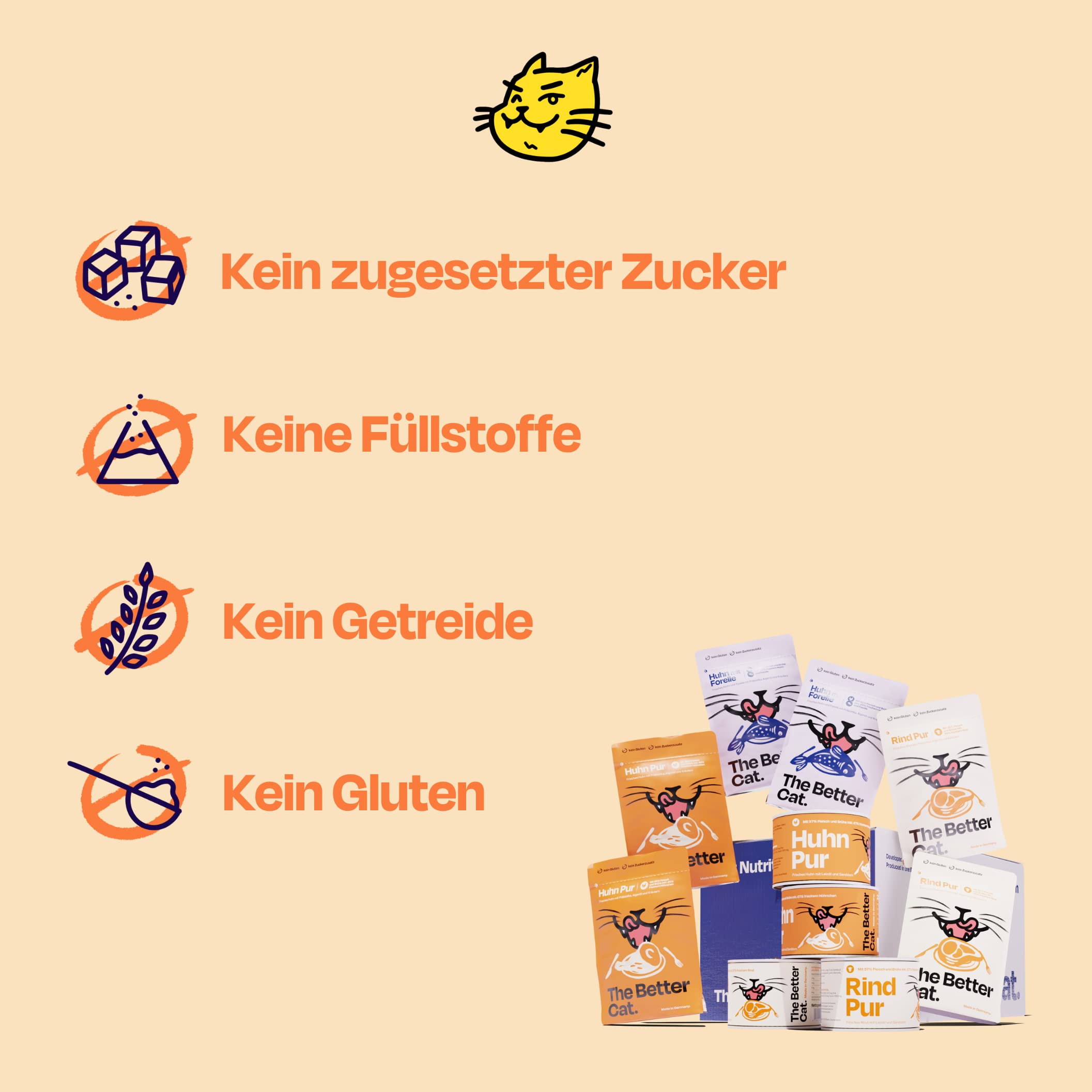 The Better Cat Cibo umido senza cereali con percentuale di carne extra elevata. Cibo per gatti di alta qualità senza cereali e senza zucchero con prebiotici (pollo), 12 x 85 g