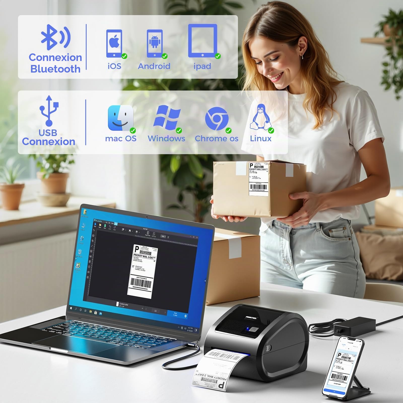 Phomemo D520BT Imprimante Thermique 4 x 6 Bluetooth, Étiquettes sans Encre pour Expédition, Compatible iPhone Android Mac Windows, Noir