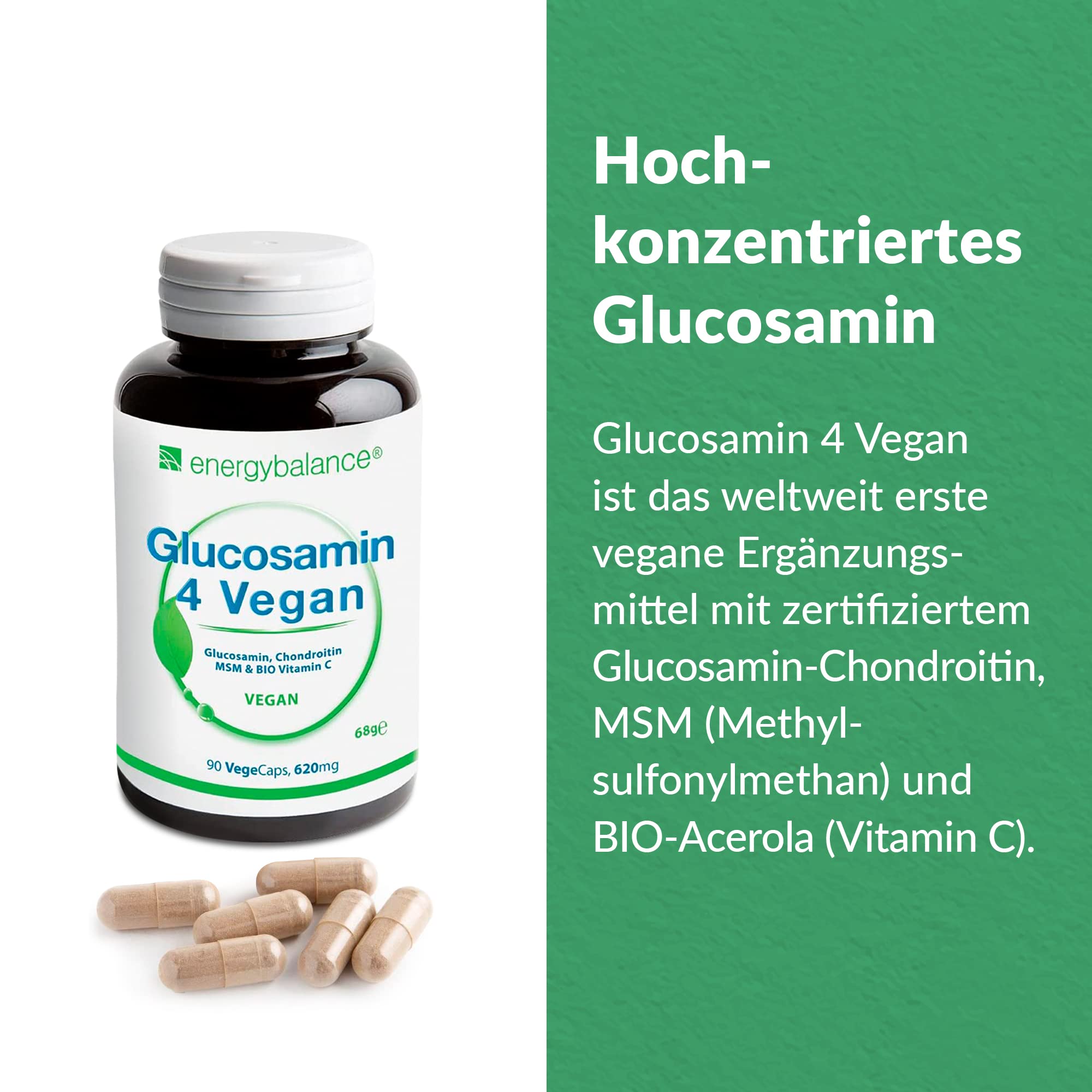 Glucosamin 4 Vegan 620mg pro Kapsel - Vier vegane Inhaltsstoffe in einem zum Wohlbefinden: Glucosamin, Chondroitin, MSM (Methylsulfonylmethan) und Acerola-Vitamin C - 90 Kapseln