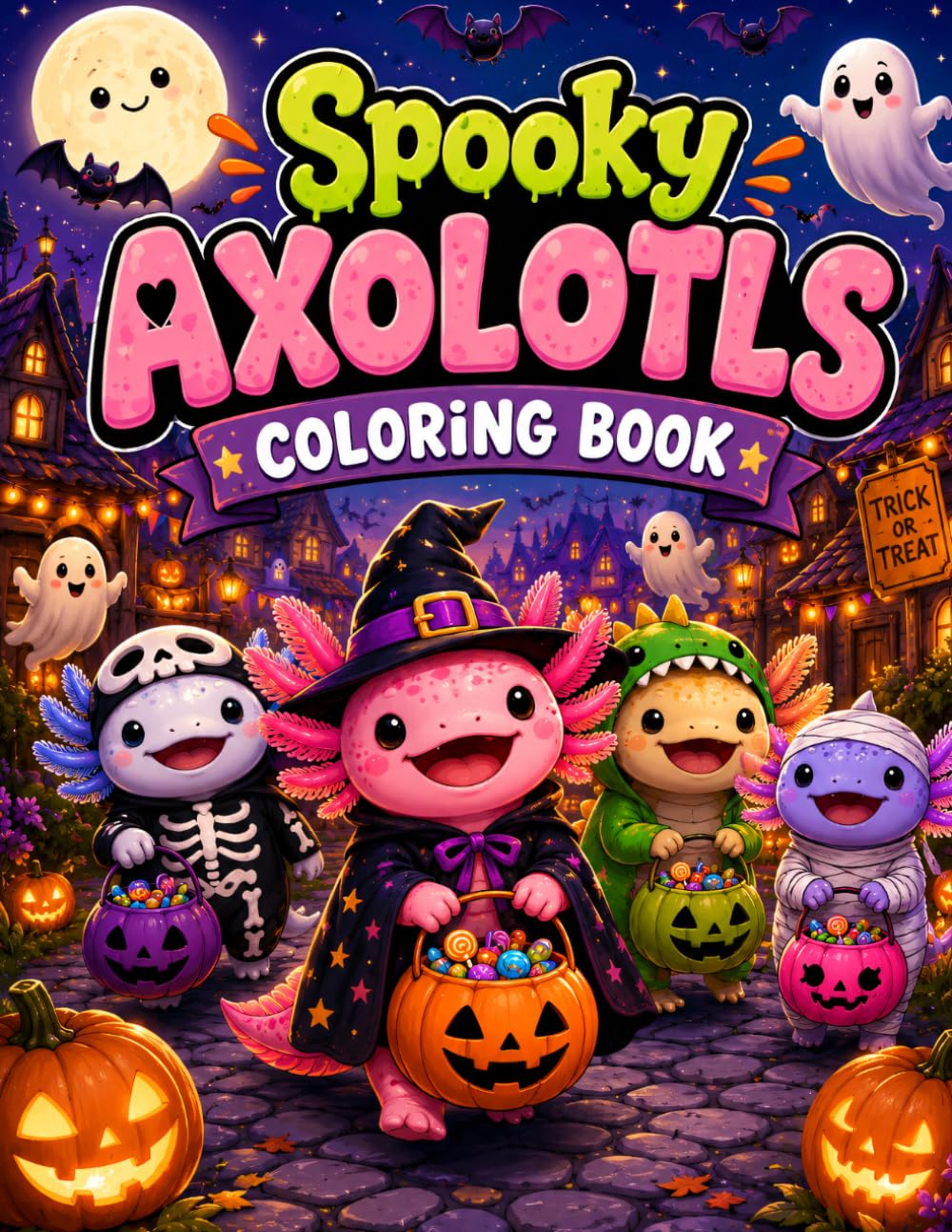Spooky Axolotls Coloring Book: Cute and Adorable Halloween Axolotls to Color | Fun Spooky Creatures, Pumpkins, Ghosts, Bats and Cozy Autumn Scenes for Kids, Teens and Adults