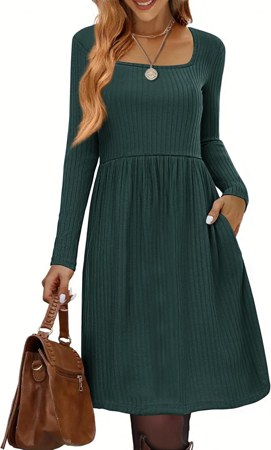 Zeagoo Womens Casual Sweater Dress Square Neck Knit Long Sleeve Dress with Pockets A-Line Knee Length Fall Winter Dress