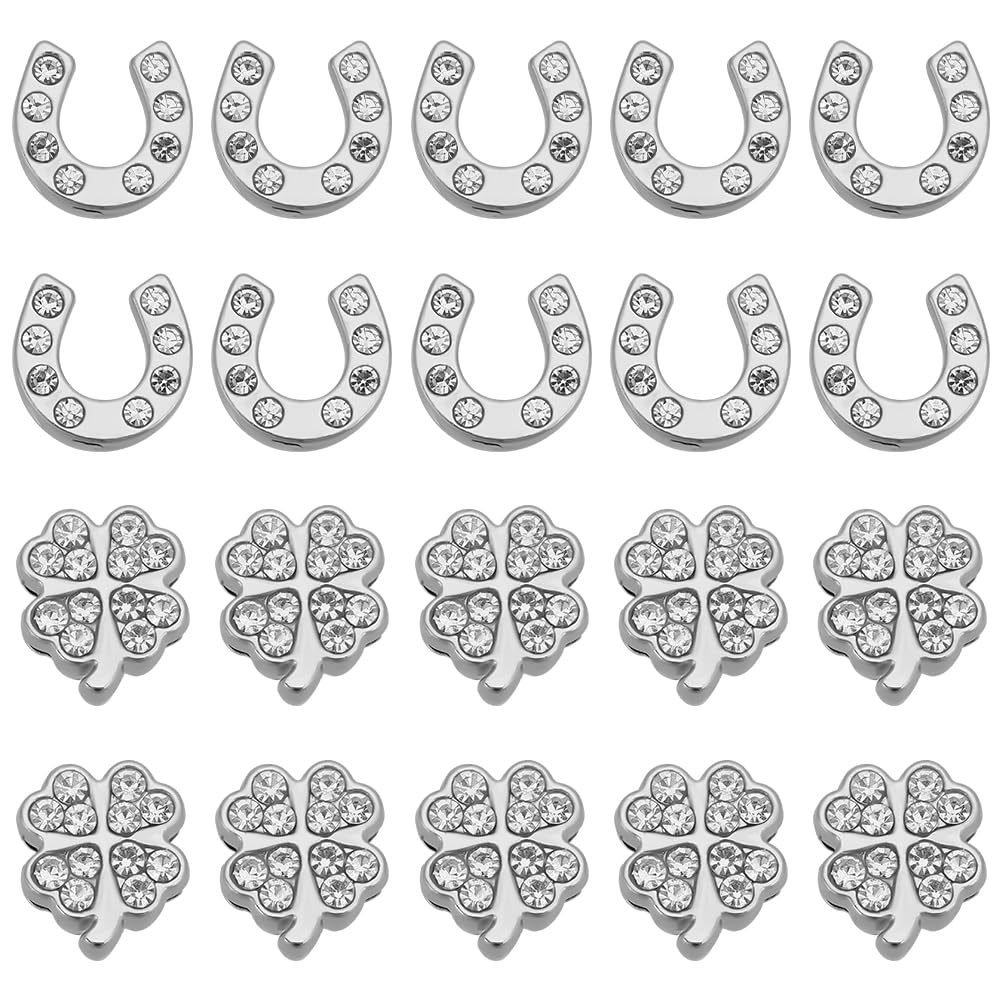 SUNNYCLUE 1 Box 40Pcs Rhinestone Slide Charm Bulk Four Leaf Clover Charms Metal Alloy Silver Crystal Horseshoe Full Rhinestones Glitter Art 3D Decor Charm Bead for Jewellery Making DIY Crafts Supplies โ image 1
