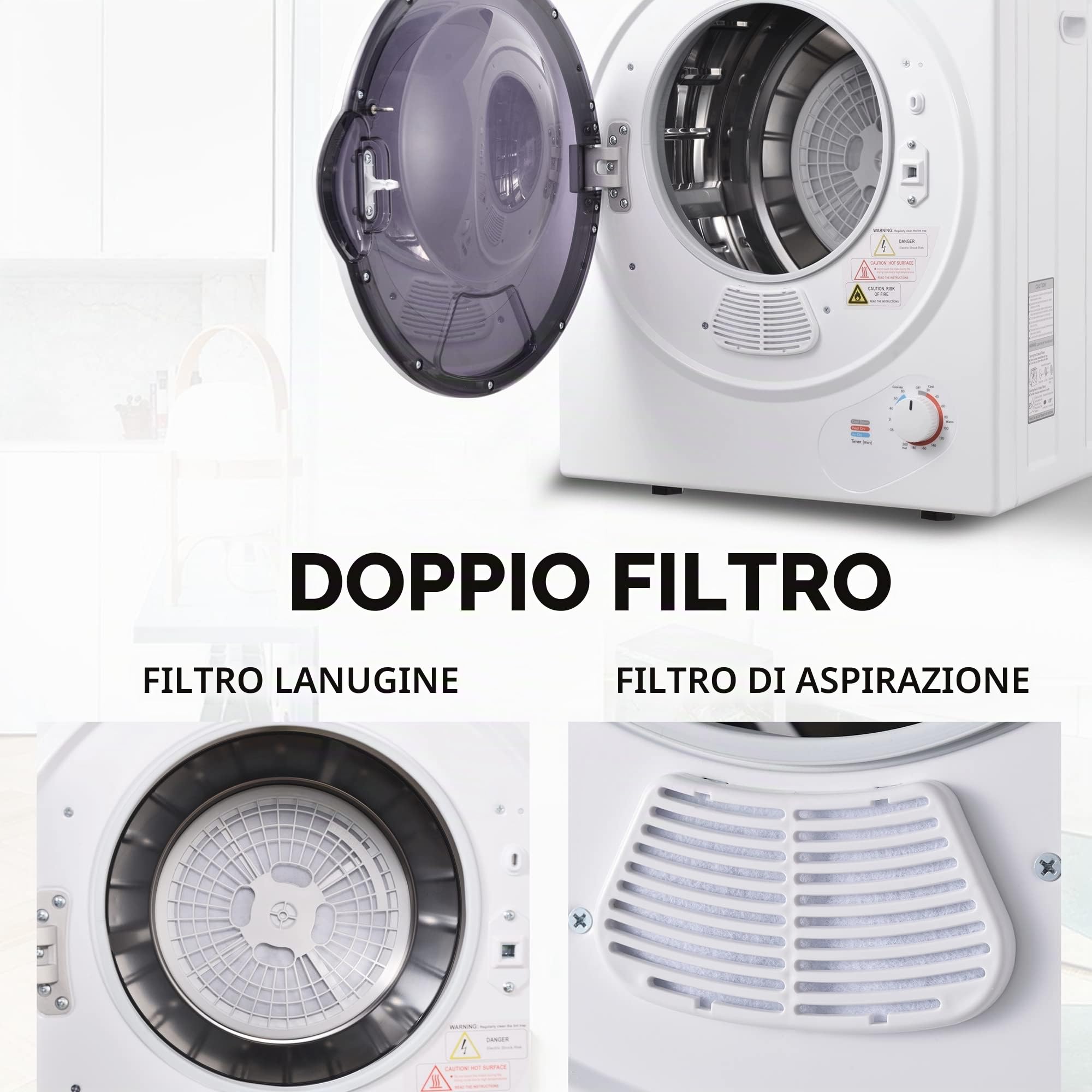 Merax Piccola asciugatrice con protezione da surriscaldamento, montaggio a parete con doppio filtro e timer, 2,5 kg, 850 W, bianco