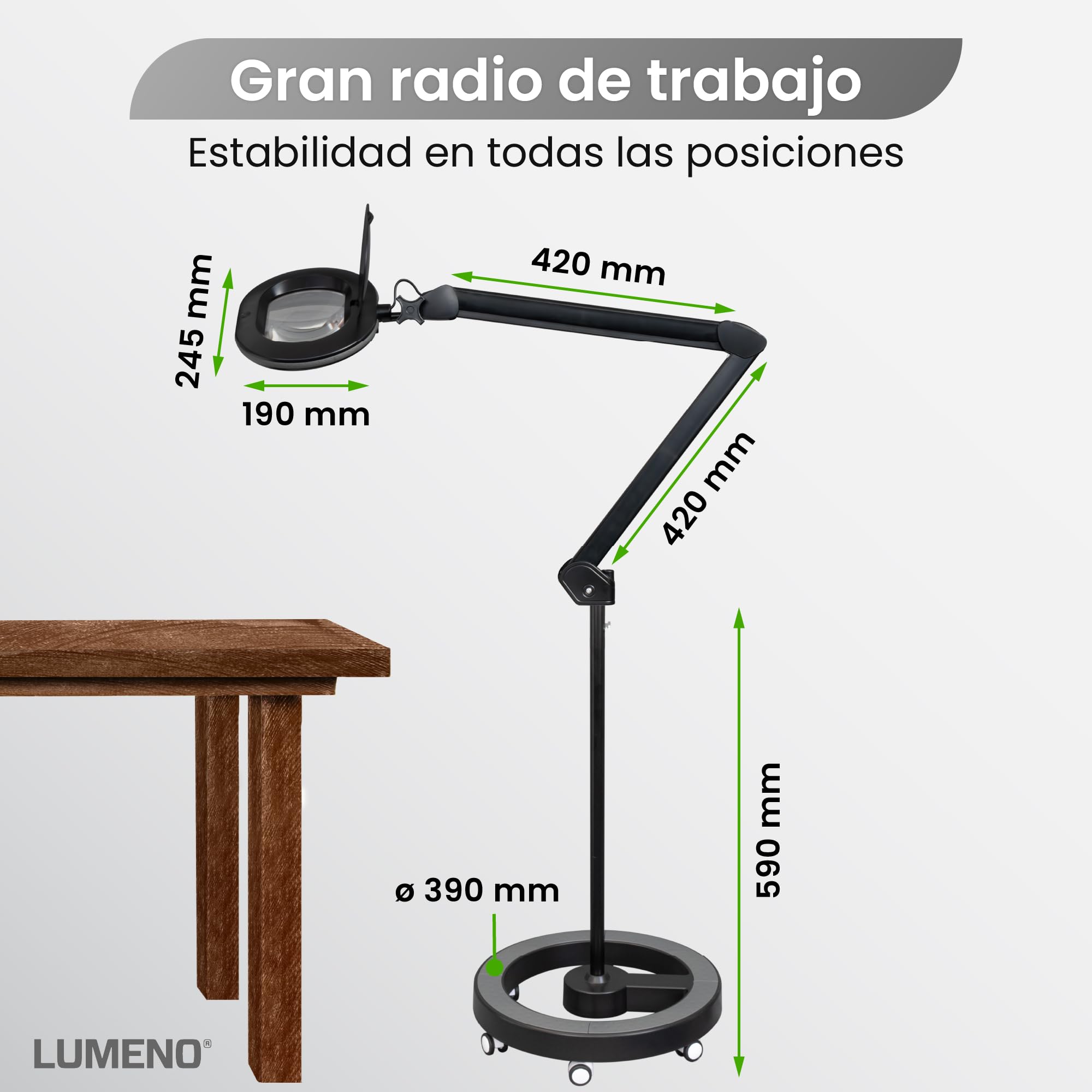 Lumeno 8615SW Lámpara de aumento con gran lente ovalada 110x150 mm, 60 LED regulables en 2 pasos, perfecta como ayuda a la lectura, para cosméticos o para soldar, 5 dioptrías negro con trípode rodante