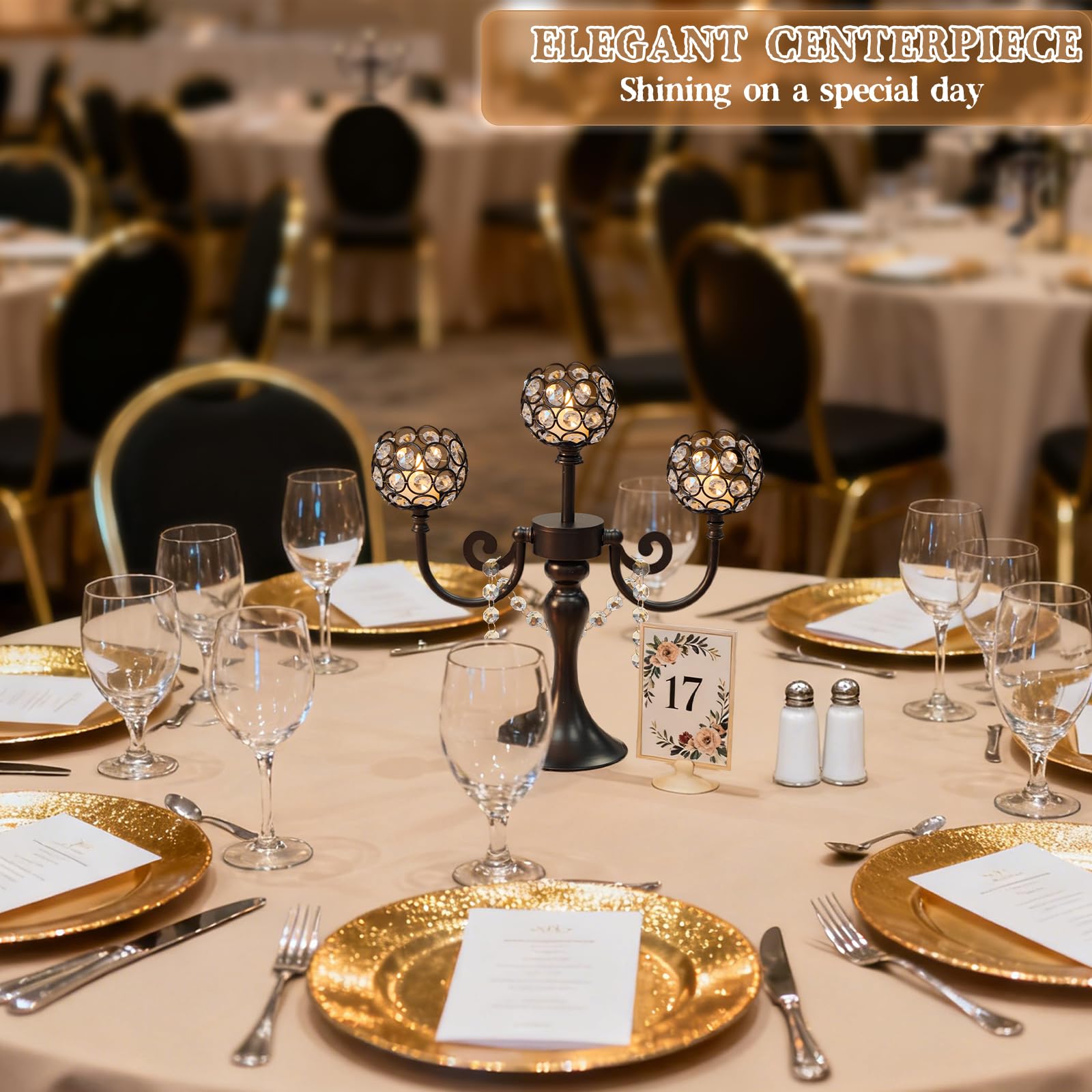 3-armiger goldener Metall-Kandelaber mit Kristallschalen, Teelichthalter, Tafelaufsatz für Geburtstag, Esstisch, Partydekoration, Weihnachten und Heimdekoration (6, schwarz)