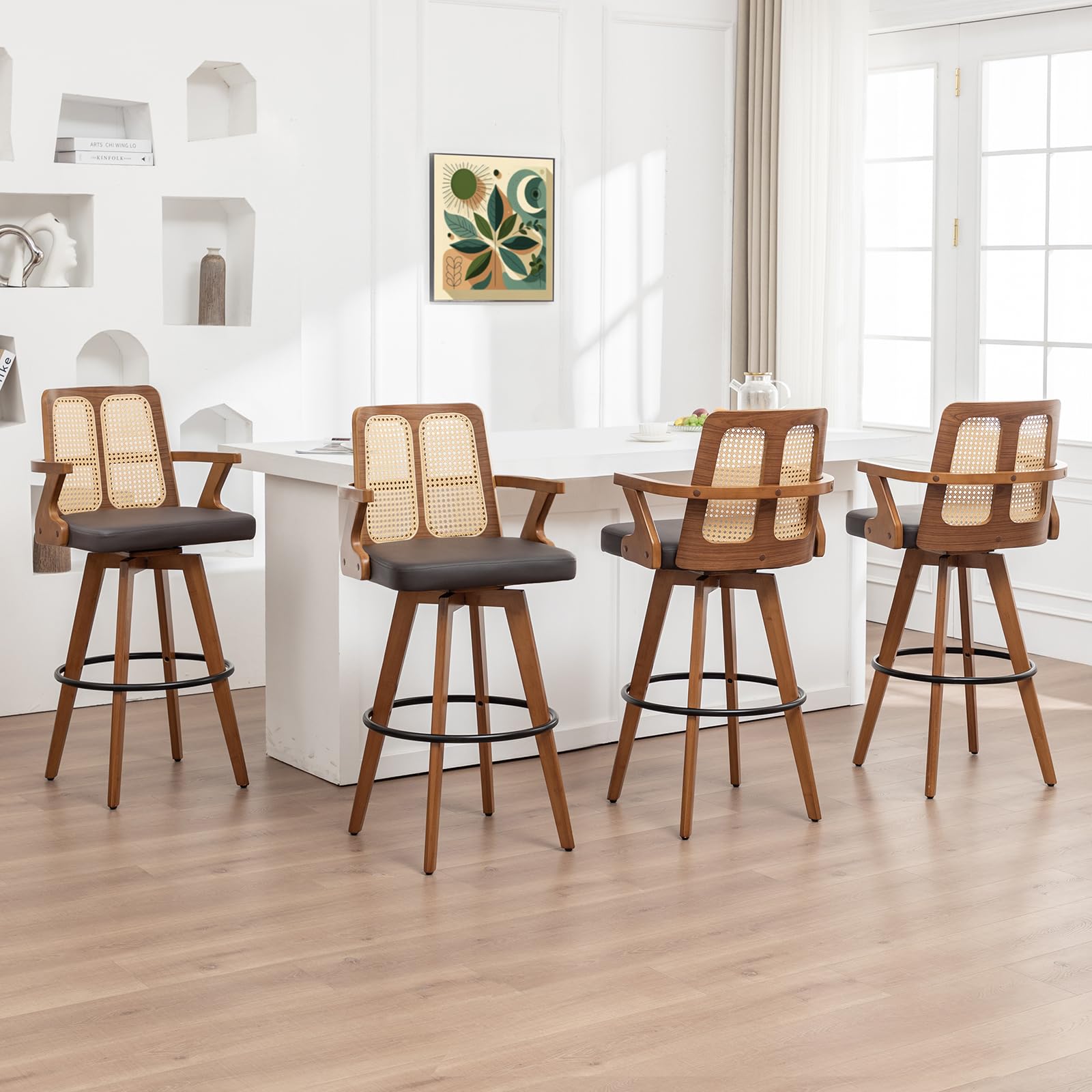Swivel Bar Stools Set of 4 - 30 inch Mid Century BarStools with Curved Backs and Arms, Walnut Bentwood, Faux Leather Upholstered Seat, Rattan Bar Stools for Kitchen/Island (30" Seat Height, Brown)