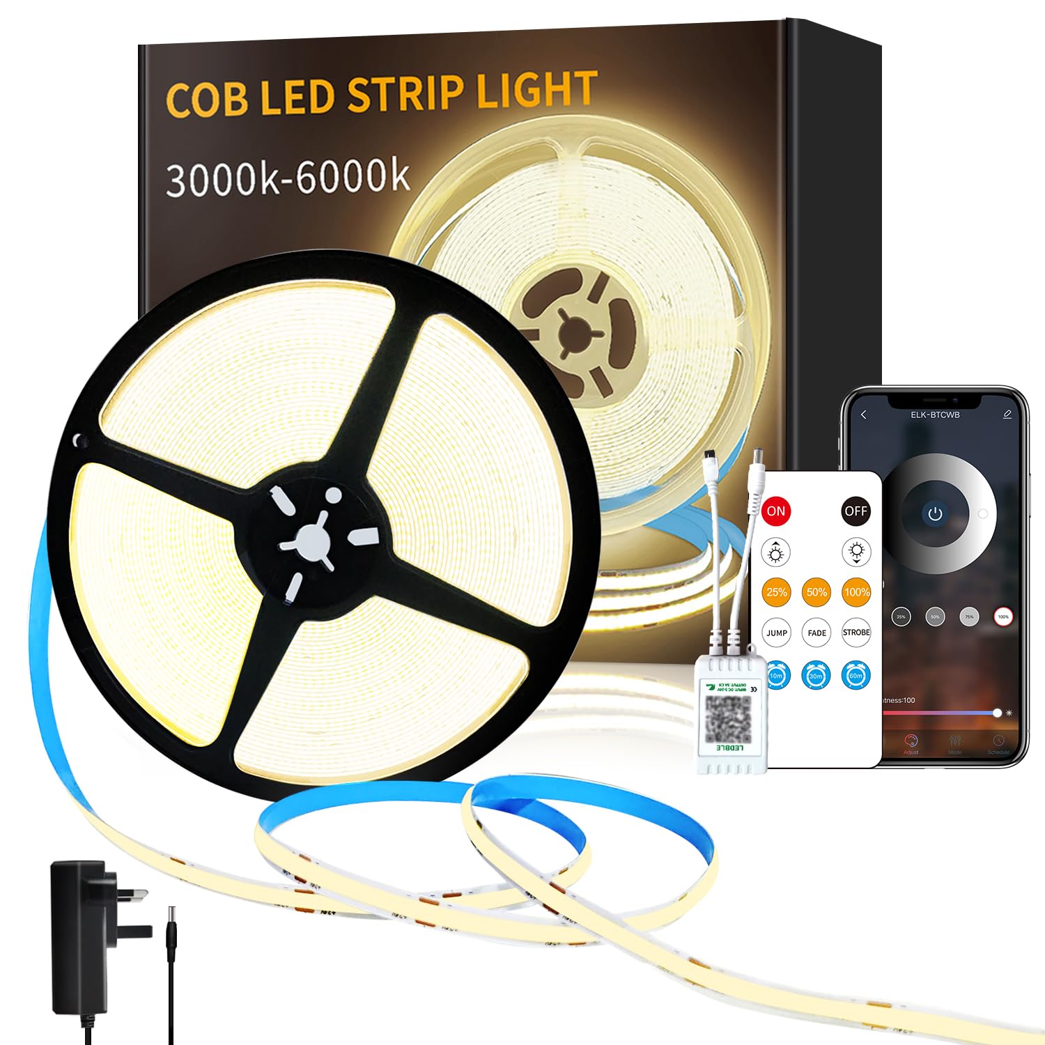 Yeewhale COB LED Strip Lights 3000K 15M 24V Dimmable LED Strip Kit, with Remote and app Control and UKCA Power Supply LED Tape Lights,for DIY Home Decoration Warm White — image 1