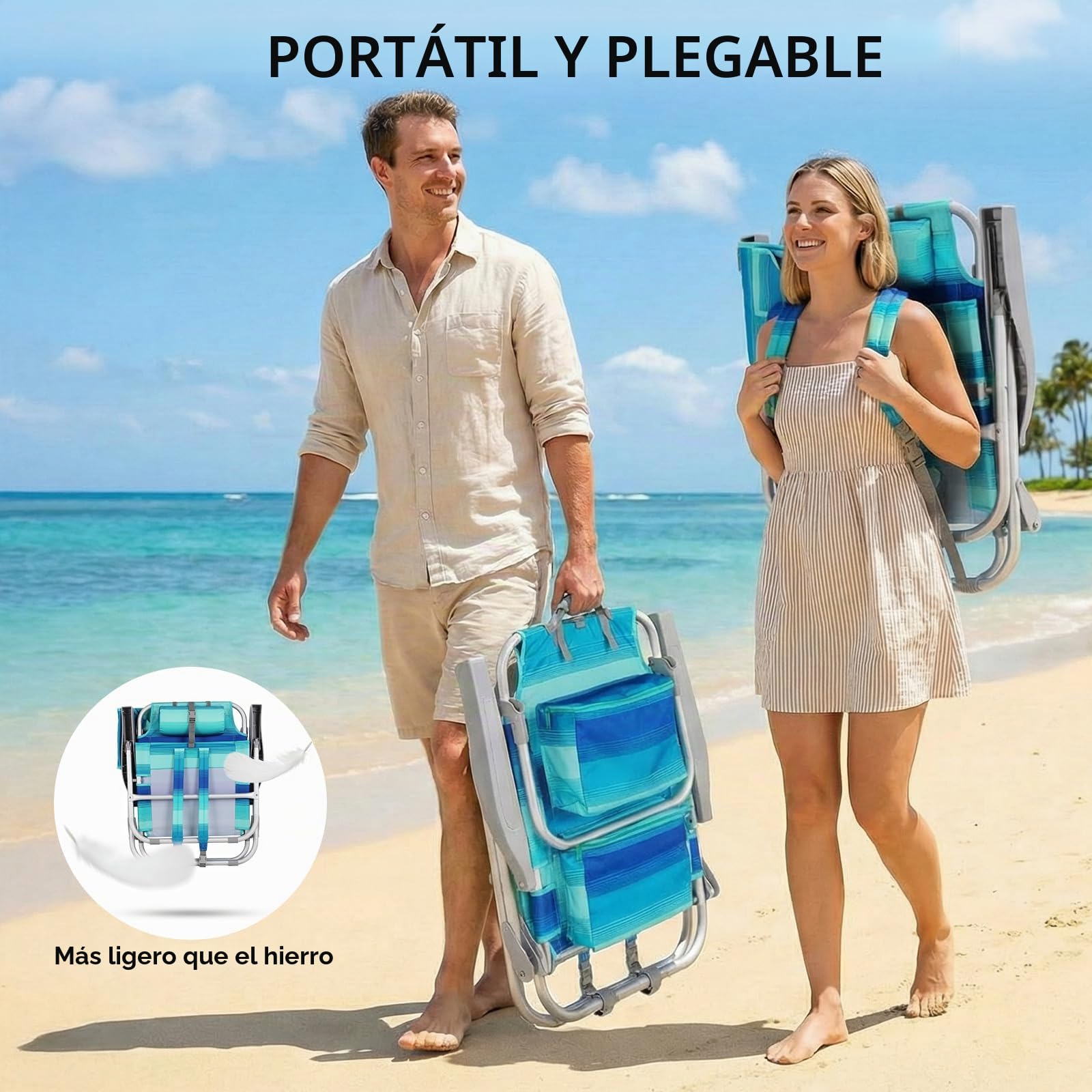 LIFERUN Silla de Playa Plegable de Aleación de Aluminio, Silla Plegable Ligera y Portátil como Mochila, Silla de Camping, Reclinable, Capacidad de Carga de hasta 150 kg, Silla Plegable de Exterior