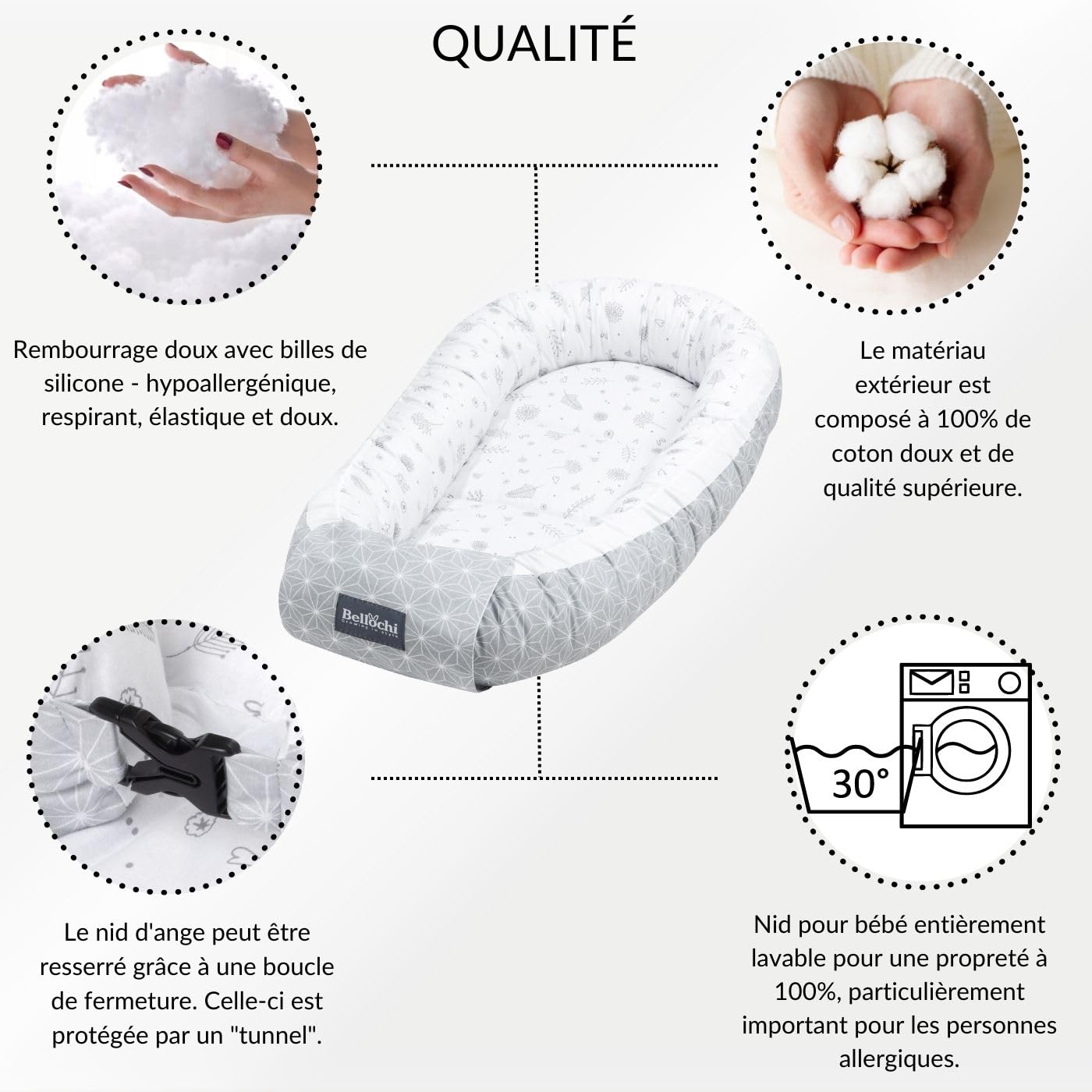 Bellochi Nid d'ange pour bébé - 100% Coton - Certifié Öko-Tex - 90 x 60 x 12 cm - Star Copse