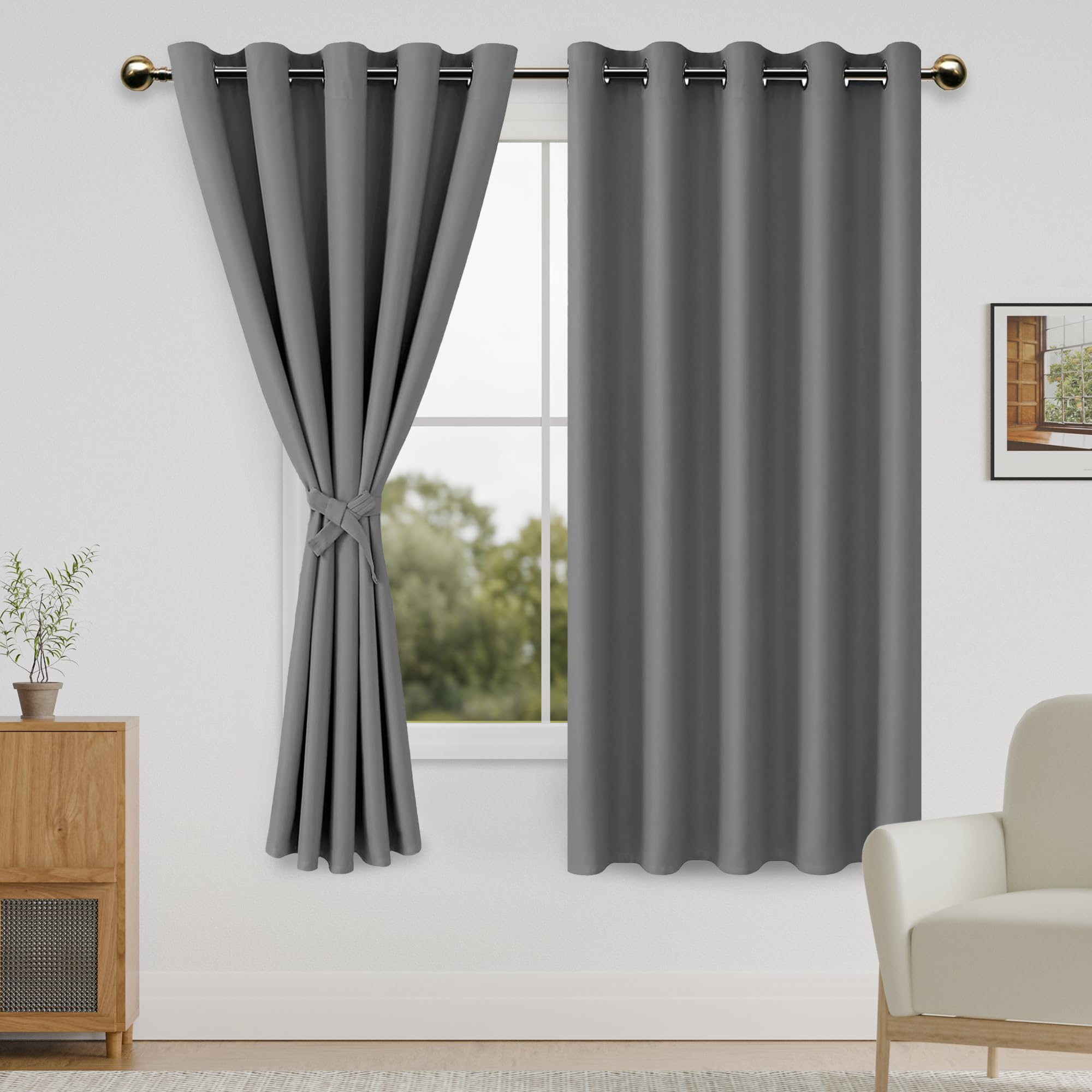 DWCN Grey Blackout Curtains for Bedroom - 60 x 63 Inches Length - Room Darkening Thermal Insulated Grommet Top Window Curtains for Living Room with Tiebacks, 2 Drape Panels