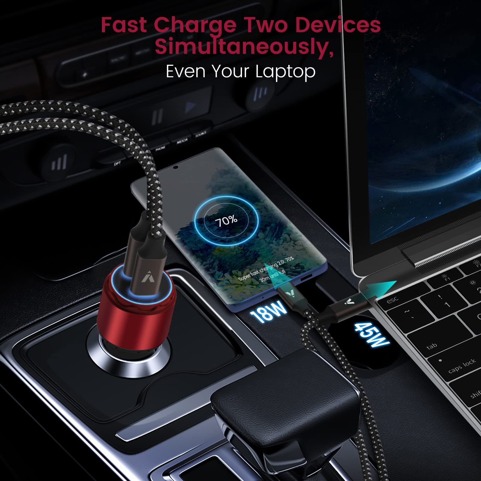 VELOGK Chargeur allume-cigare USB Type C super rapide 73 W Turbo, adaptateur de voiture USB C 55 W 45 W PPS/PD&QC3.0/Super Fast Charging 2.0 pour Samsung S23 Ultra/S22+/S21/S20/Note 20/10 Plus, iPad