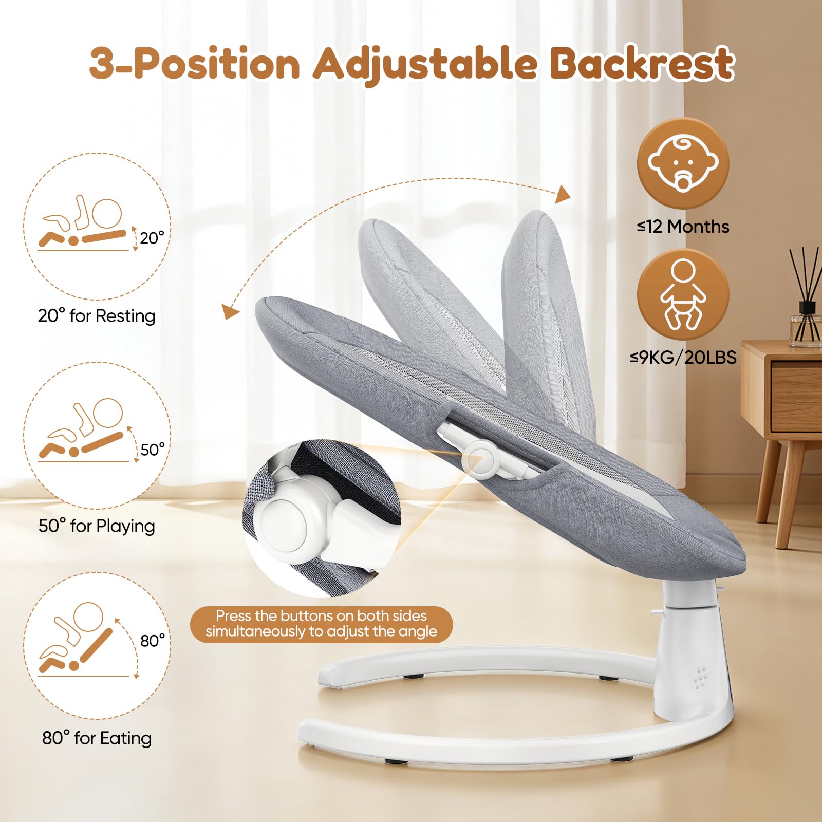 Columpio eléctrico para bebés y niños pequeños con 5 velocidades, 3 posiciones de asiento, mosquetón de 5 puntos, con música Bluetooth, 10 melodías preestablecidas, uso en interiores y exteriores