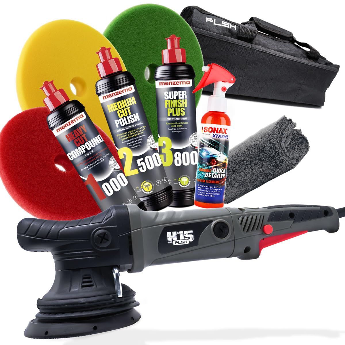 detailmate Juego de pulido de coche: PLSH H15 pulidora excéntrica + abrillantadores de coche Menzerna + almohadillas de pulido de Garage Freaks + Sellador Sonax Profiline + paño de pulido 550 g/m²
