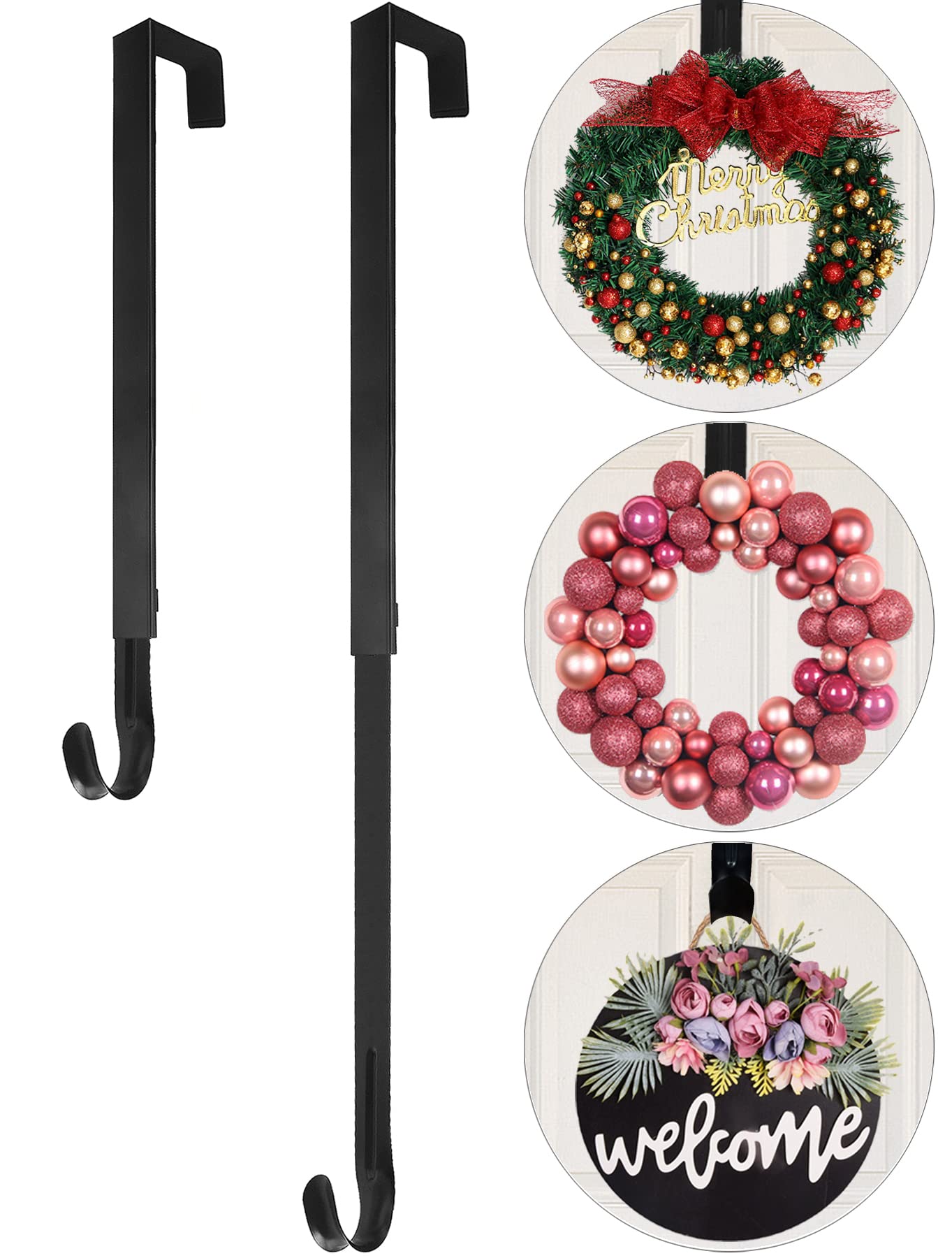 Photo 1 of Adjustable Wreath Hanger for Front Door Halloween Christmas Easter Decoration Metal Over The Door Single Hook Ornament Wreath Door Hanger Adjustable 16.5 to 25.5 Inches holds up to 20 lbs(Black,1pack) 15"Adjustable -1pack