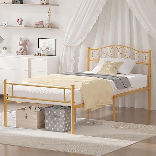 Miniatura 3 de VECELO Base de cama de plataforma de metal con cabecera y estribo, base de colchón de listones de acero, no necesita somier, individual, dorado