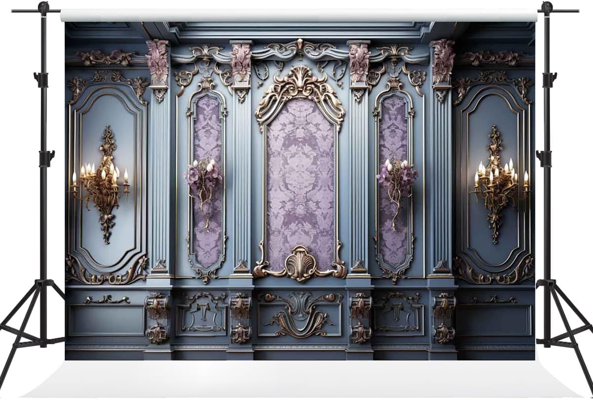 Kate 7×5ft European Style Retro Castle Wall Decoration Backdrop Photography Indoor Purple and Blue Classic Gypsum Pattern Background Photography Studio Props for Portrait Pictures and Videos