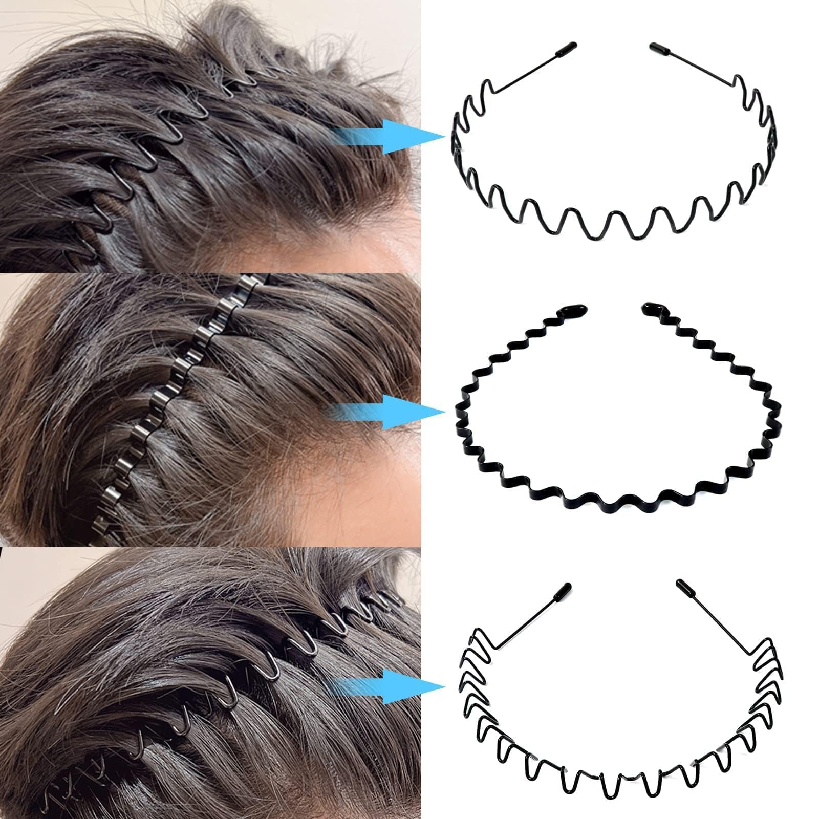 Hanyousheng 6 Pezzi Cerchietti per Capelli, Unisex Cerchietto in Metallo, Cerchietto Fasce per Capelli Fascia Ondulata Nero, Multiplo Stile Antiscivolo Cerchietto, Adatto per Sport, Yoga, Trucco