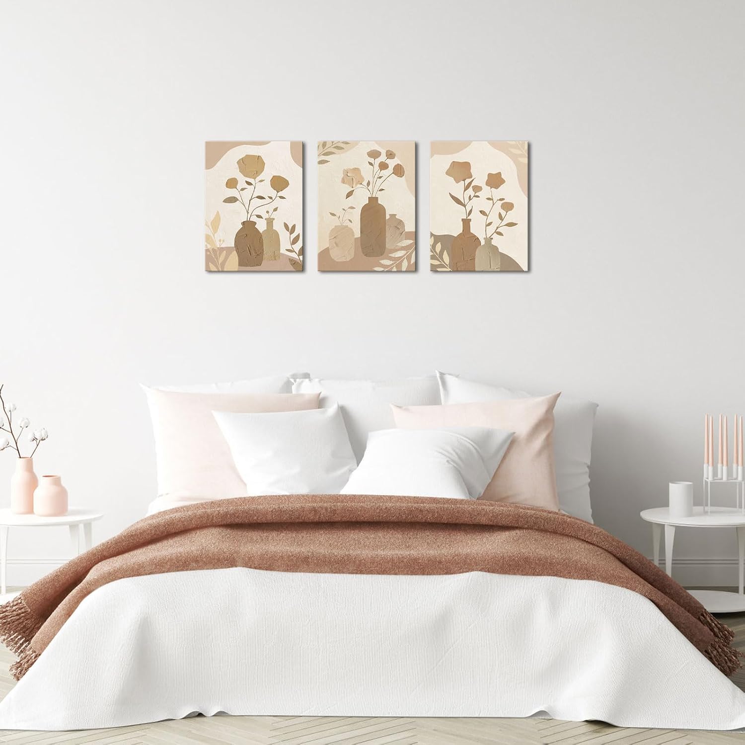 OuElegent Beige Wall Art Boho Canvas Art Botanical Painting Prints Tan Vase Picture Framed For Home Decor Set of 3 (Beige, Small)