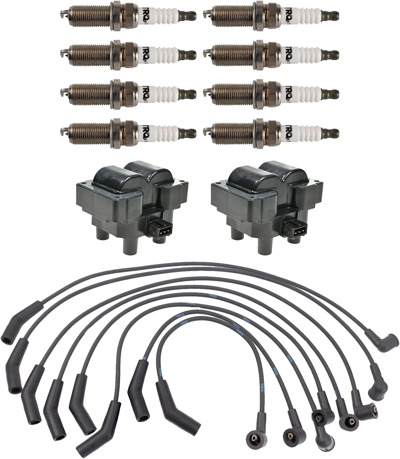 TRQ Ignition Coil and Spark Plug Kit 11 Piece Spark Plug Wires Iridium Spark Plugs Compatible with 1999-2004 Land Rover Discovery 1999-2002 Range Rover