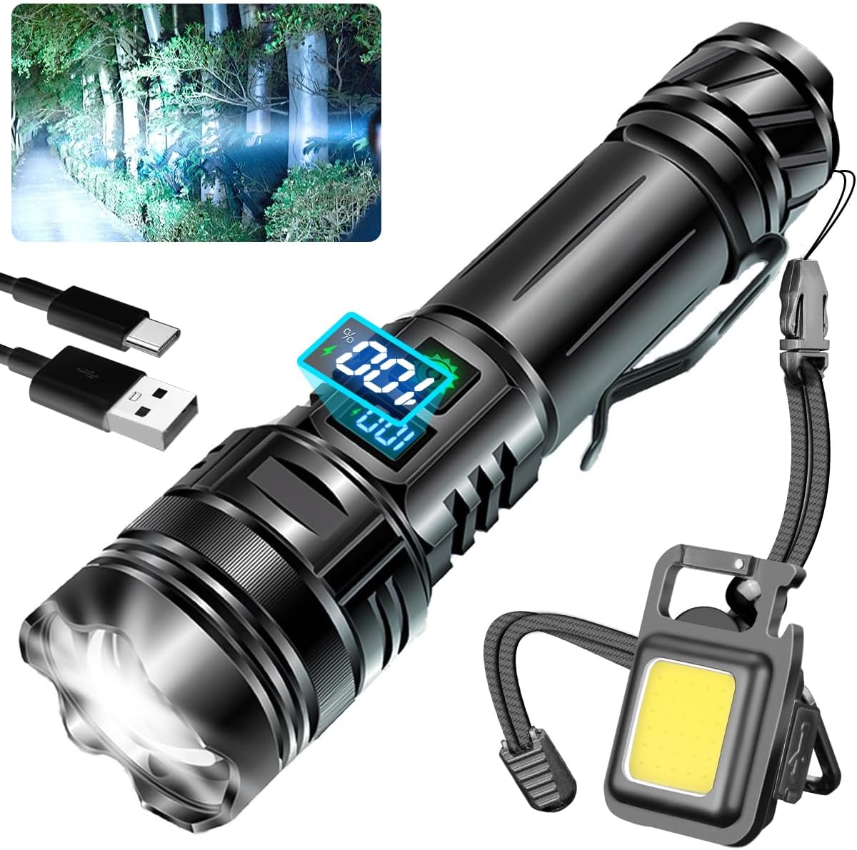 Rechargeable LED Flashlights with Side Light & Digital Power Display, 5 Modes Super Bright Flashlight with COB Work Light for Emergency, Camping, Hiking and Home (Black with COB Work Light)