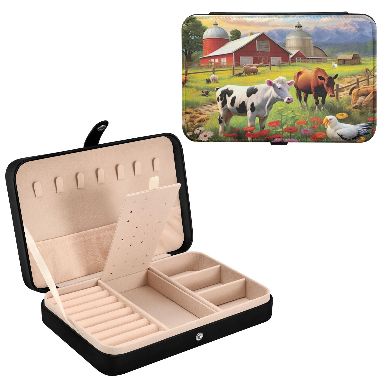 Haskirky Farm Animals Jewelry Box Portable PU Leather Travel Jewelry Organize for Women Jewelry Storage Display Holder for Ring, Necklace, Earring