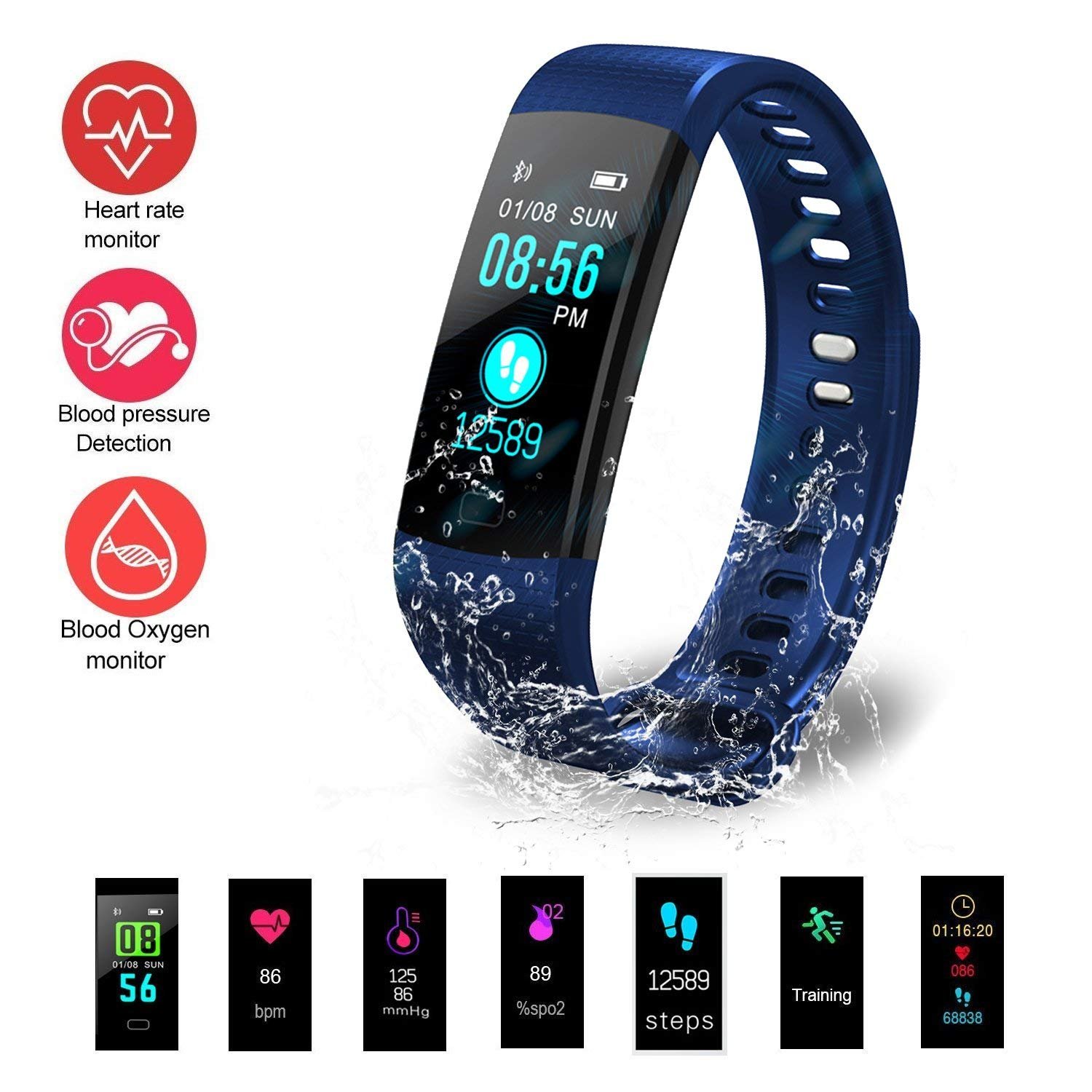 Fitness Tracker, Heart Rate Monitor Watch with Color Screen Y5 Waterproof Smart Bracelet Wristband Heart Rate Blood Pressure Sleep Monitor Pedometer Smart Band (Dark Blue)
