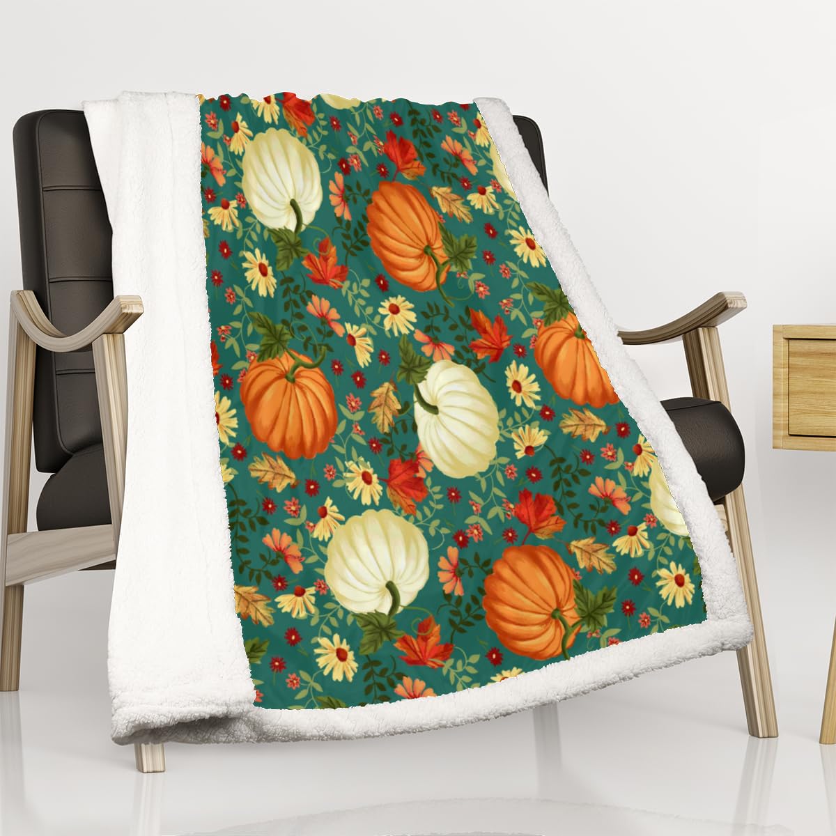 Herbst-Fleecedecke Mit Kürbis-Motiv: Flauschig Weich, 127 X 152 Cm, Für Couch & Bett – In Salbeigrün