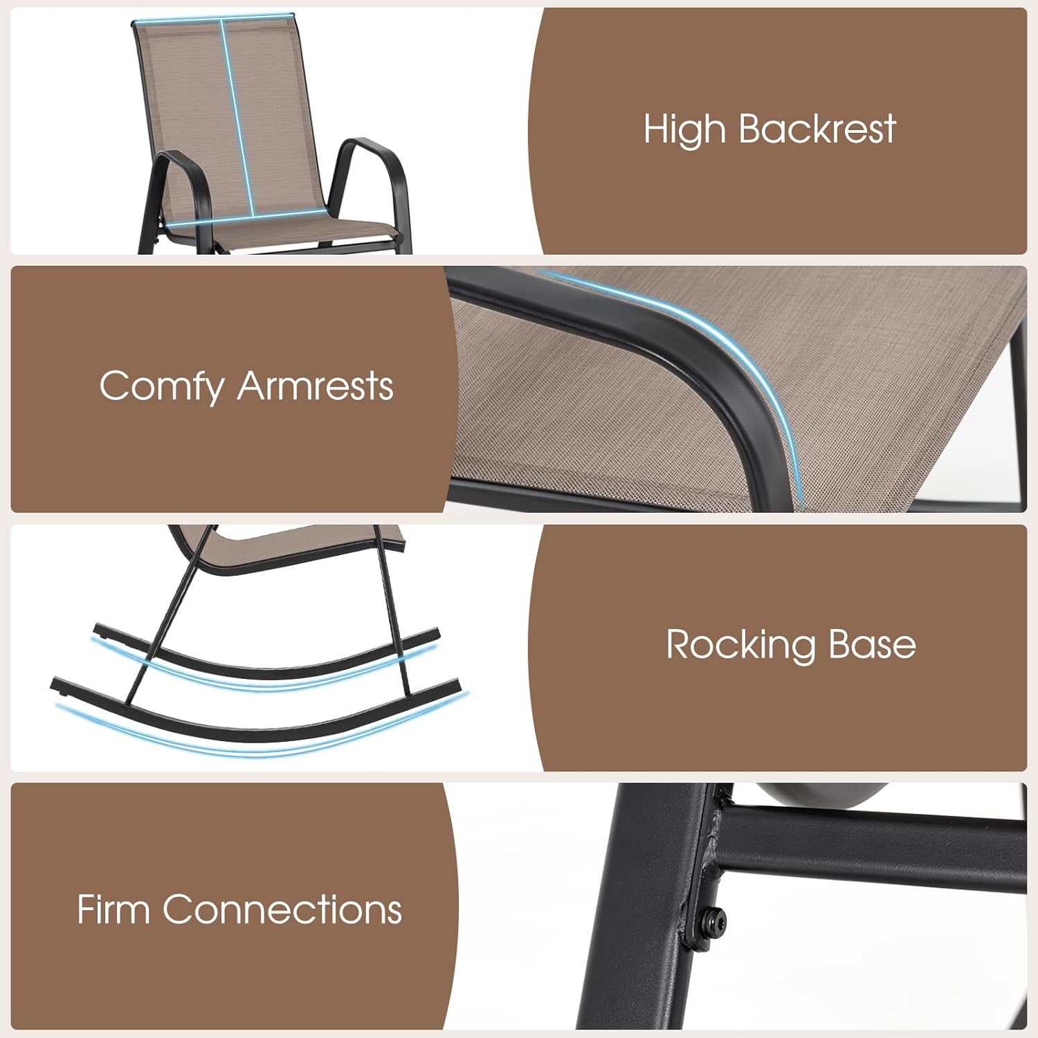 Giantex Outdoor Rocking Chairs Set of 2, Patio Rocking Chairs w/Breathable Seat & Back, Heavy-Duty Metal Support, Ergonomic Outside Rocker for Backyard, Poolside, Garden (1, Brown)