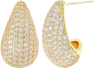 حلق ذهبي مكتنز على شكل دمعة للنساء، حلقان متدلية خفيفة الوزن مرصعة بأحجار الراين والكريستال والزركونيا، حلقان للزفاف والكريسماس