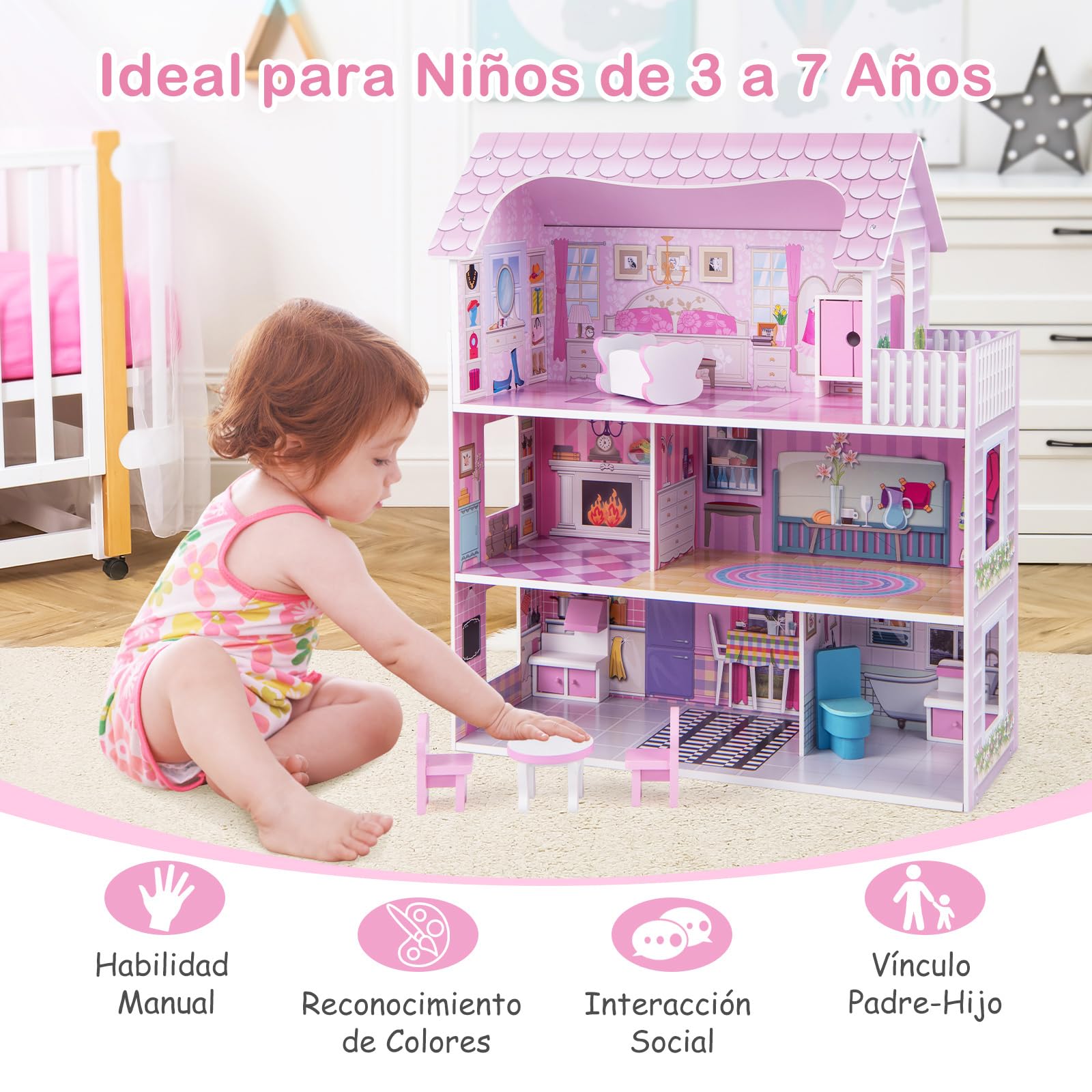 COSTWAY Casa de Muñecas de Madera, Casa Muñecas de 3 Niveles con Accesorios para Niños y Niñas Más de 3 Años, Juego de Roles Infantil, Casita de Muñecas de Ensueño, 61 x 26,5 x 71 cm, Rosa