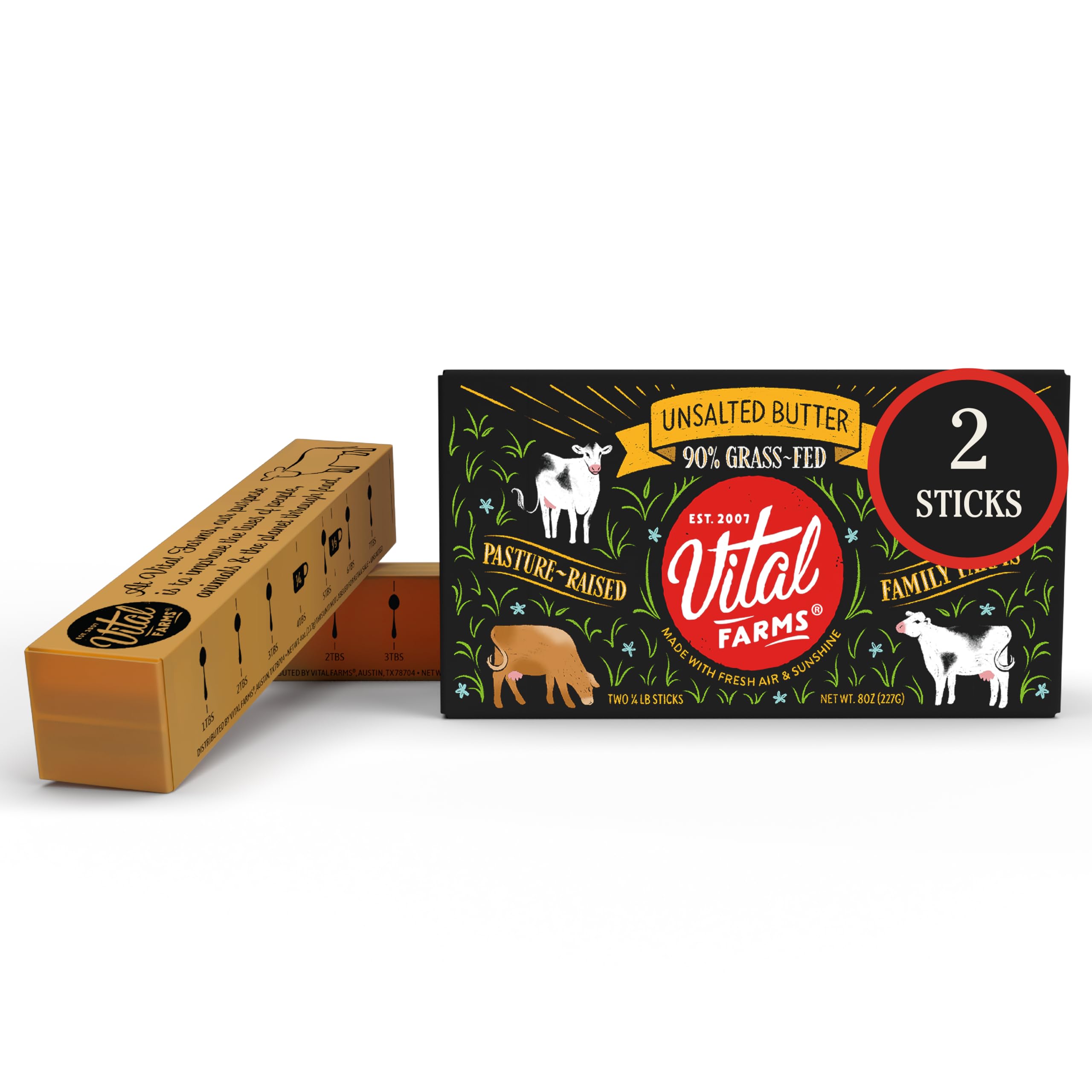 Vital Farms Grass-Fed Butter Sticks, Unsalted, 8oz, 2 x 1/4 lb sticks