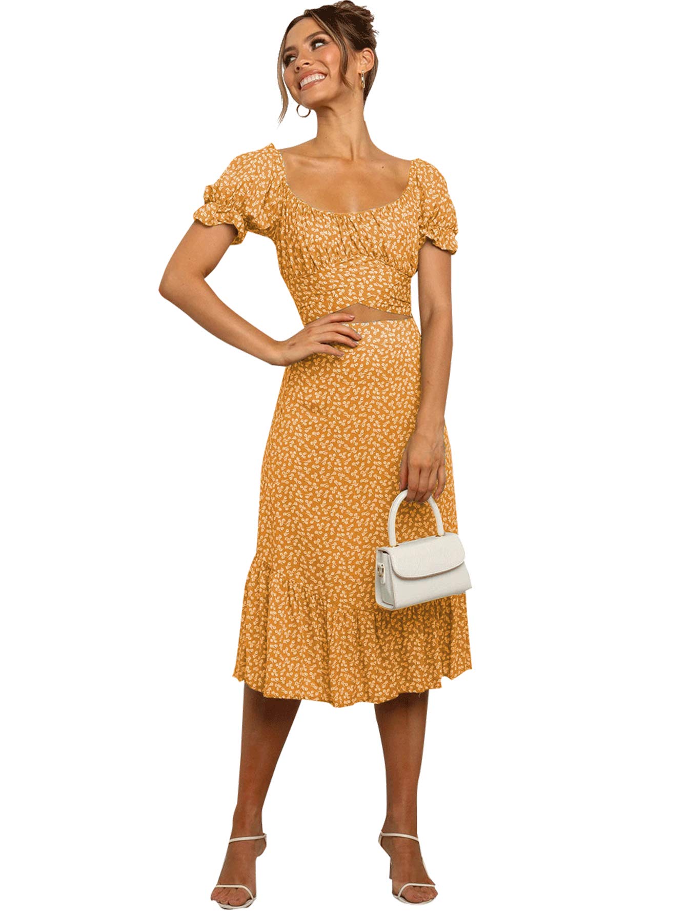 LYANERWomen's 2 Piece Outfits Floral Self Tie Knot Crop Top and Midi Skirt Set