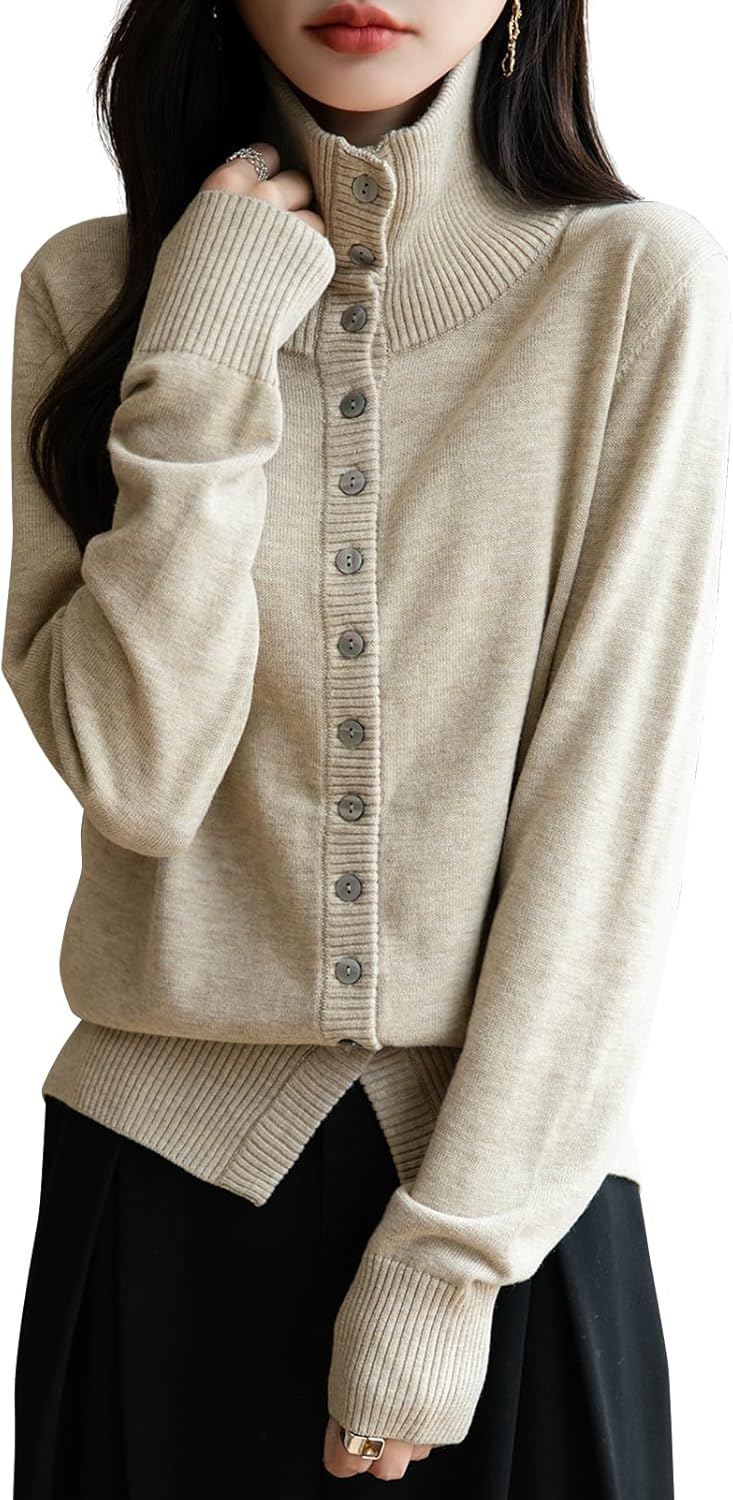 Women's Merino Wool Blend Cardigan 2025 Fall Winter Casual Mock Neck Long Sleeve Knit Cardigan with Buttons