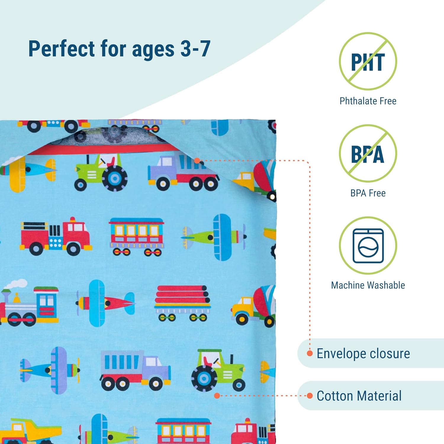 Wildkin Kids Lunch Box Bag with Cotton Nap Mat Cover - Reusable Lunch & Nap Time Set for School and Travel - Trains, Planes & Trucks