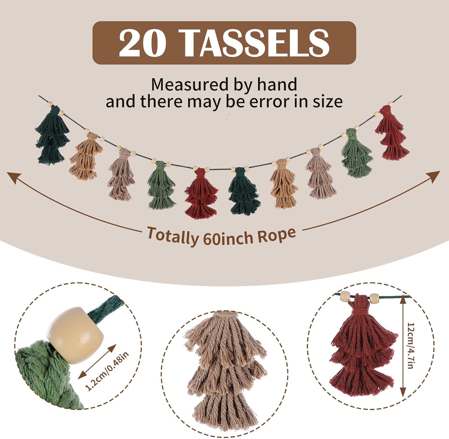 Breling 2 Pcs Christmas Boho Tassel Garland with Wood Beads 60 Inch Rustic Hanging Decor in Neutral Earth Tones Holiday Banner Woodland Office Fireplace Mantel Wall Christmas Decoration Indoor Outdoor