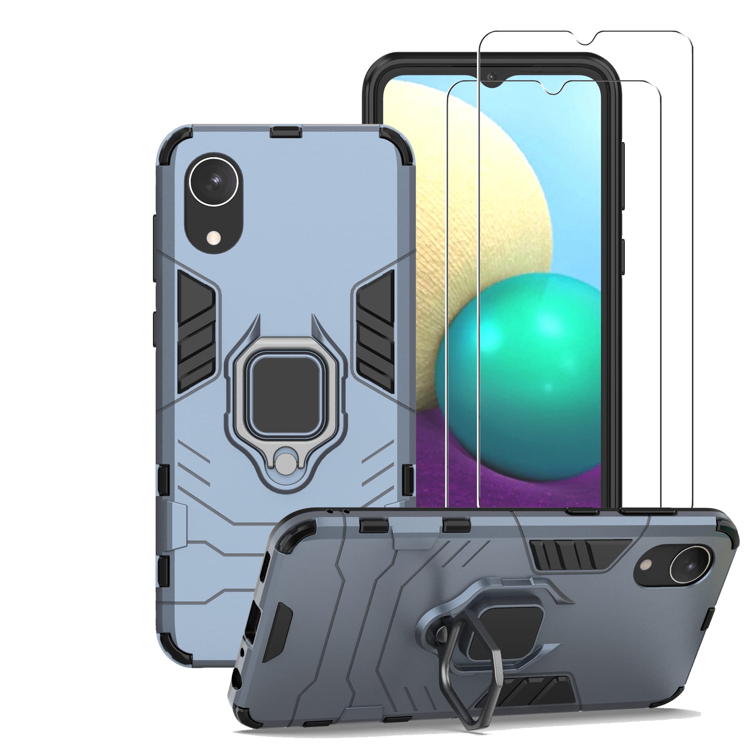 ChengmiZMONE Phone Case for Samsung Galaxy A03 CORE Case with Glass Screen Protector [2 PACK] Heavy Duty Dual Layer Military Grade Shockproof Protective Cover with Magnetic Ring Kickstand - Blue