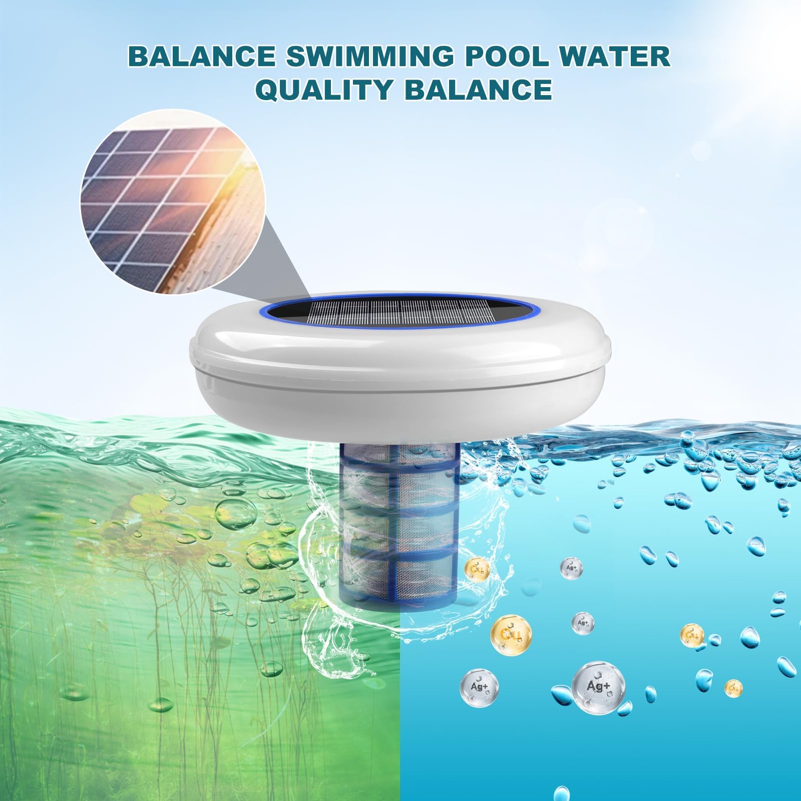 Pool Solar Ionisator Kupfer Ionreiniger Schwimmend bis 132500 Liter IP68 Wasserdicht Süß- Salzwasser