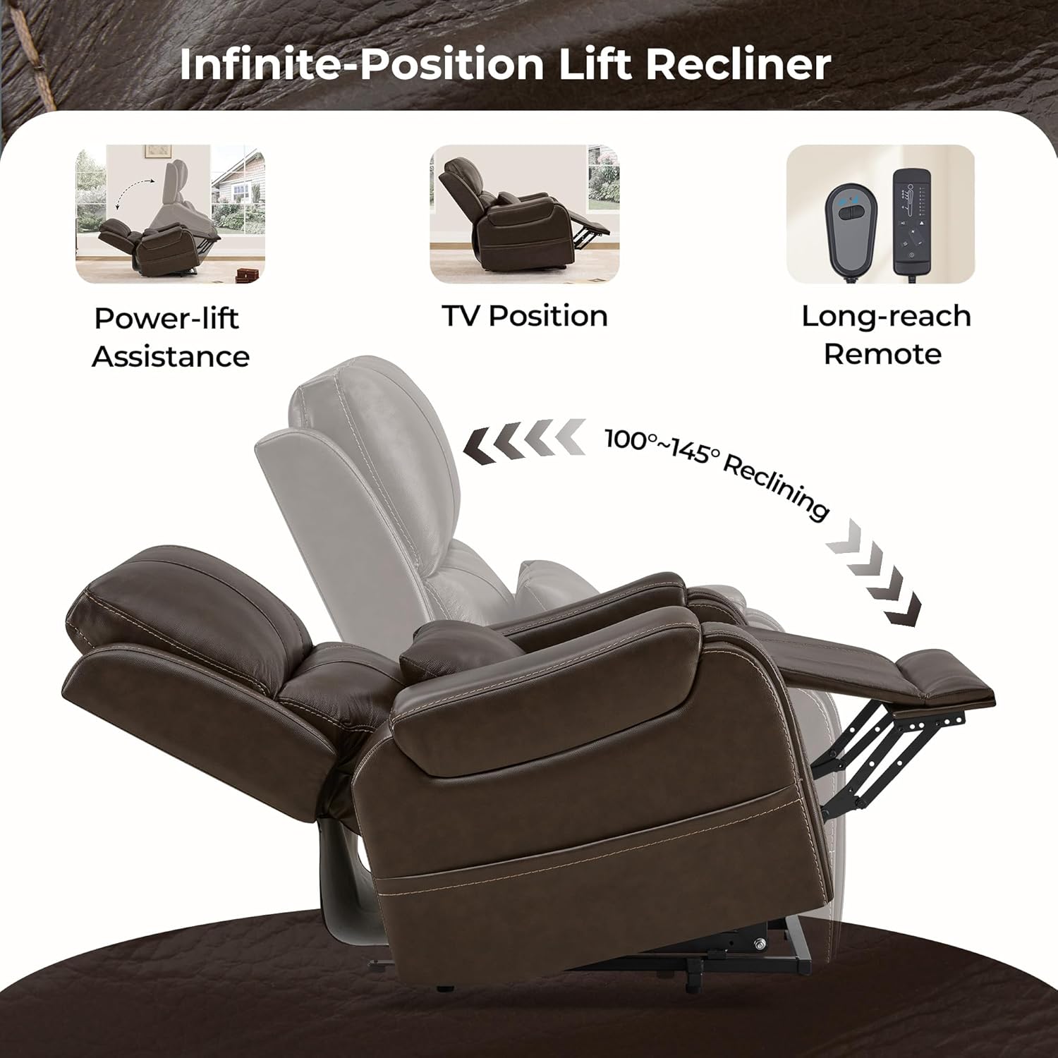 CHITA Power Lift Recliner Chair for Elderly with Heat and Massage, Genuine Leather Electric Lift Chairs with Cup Holder, Removable Lumbar Pillow, 2 Side Pockets, Leather in Brown