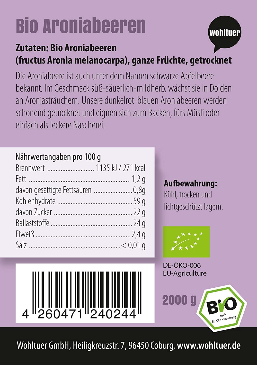 Wohltuer Bio Aronia Beeren, 1er Pack (1 x 2 kg)