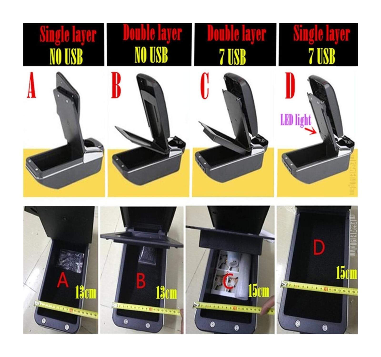 consola central Almacenamiento universal de la consola central del coche con LED USB(A style black line)