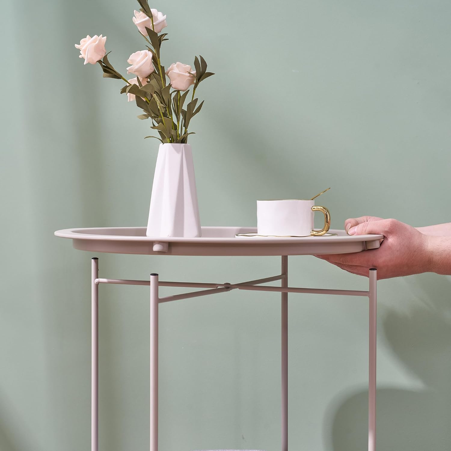 VECELO Round Side/End Table with Fabric Storage Basket，Metal Anti-Rust and Waterproof Small Bedside Nightstand with Removable Tray Top for Living Room，Balcony & Laundry，Grey /1pcs with Basket