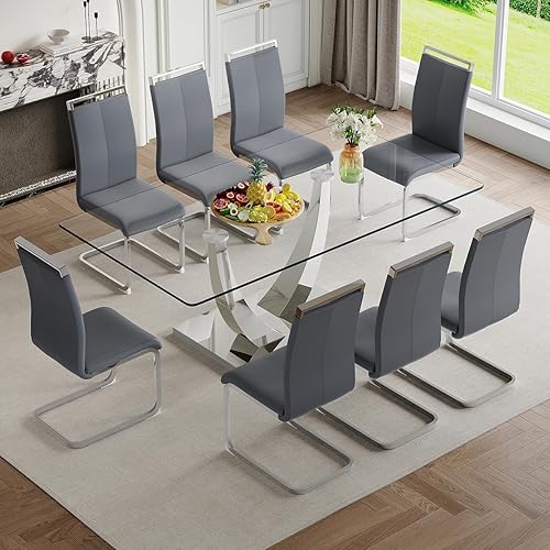 Miniatura 59 de Juego de mesa de comedor para 4, 63 pulgadas, juego de mesa de comedor de vidrio templado negro para 4 personas con sillas de poliuretano, moderno