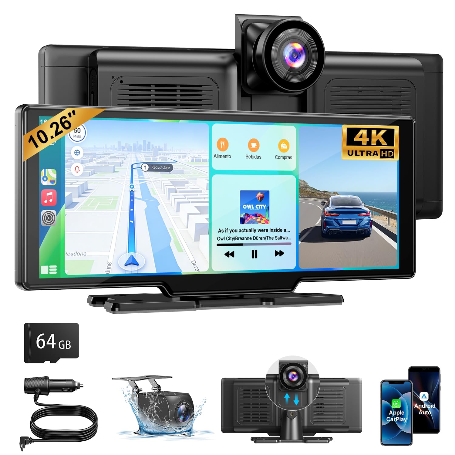 ESSGOO Pantalla Coche 10.26 Pulgadas con Carplay y Android Auto Inalámbrico con Cámara Frontal 4K Trasera 1080P, IPS Táctil, Bluetooth 5.3, Mirror Link, FM, AUX, Control por Voz (Siri/Google), 64GB TF