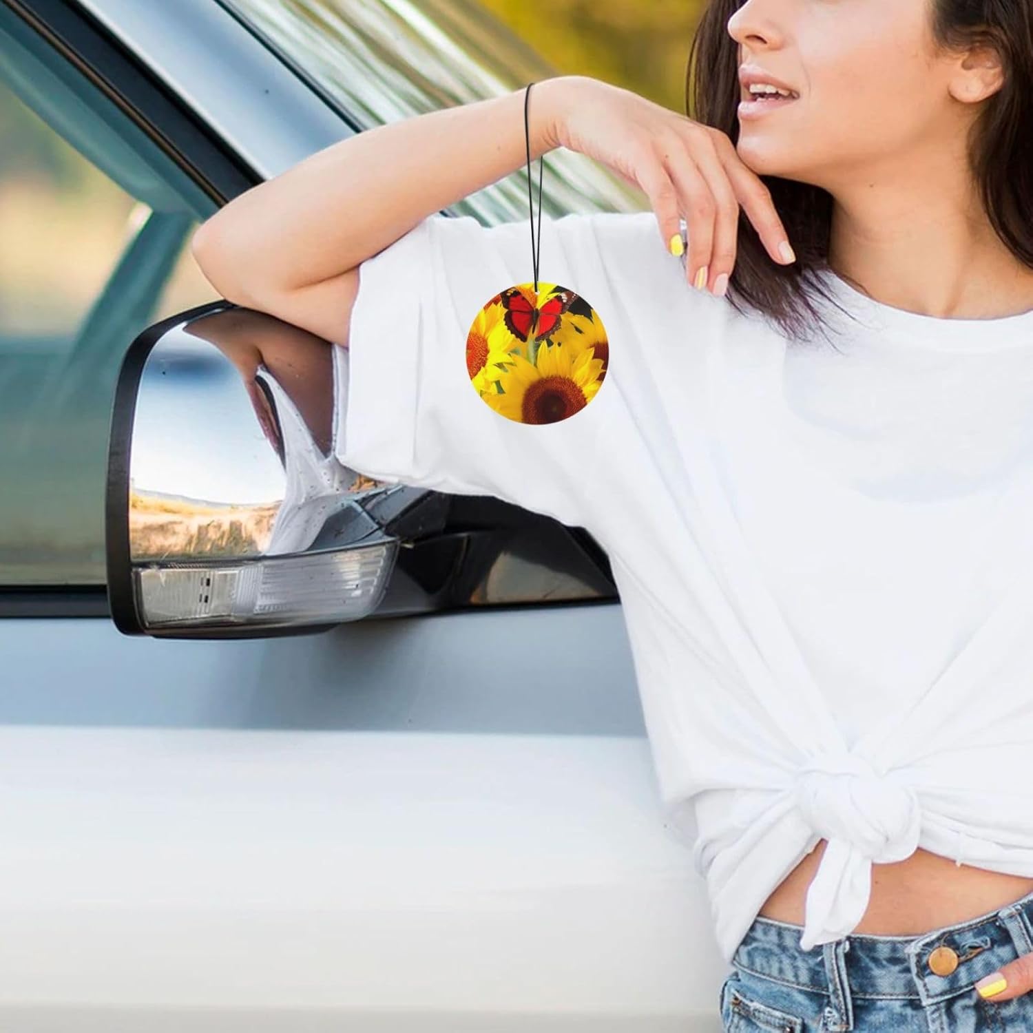 Car Air Freshener 24 PCS Yellow Sunflowers with Red Butterfly Hanging Car Air Fresheners Auto Interior Decor Card Freshener Strong Scented Card Lavender Cars Scents for Close Drawer Round Shape