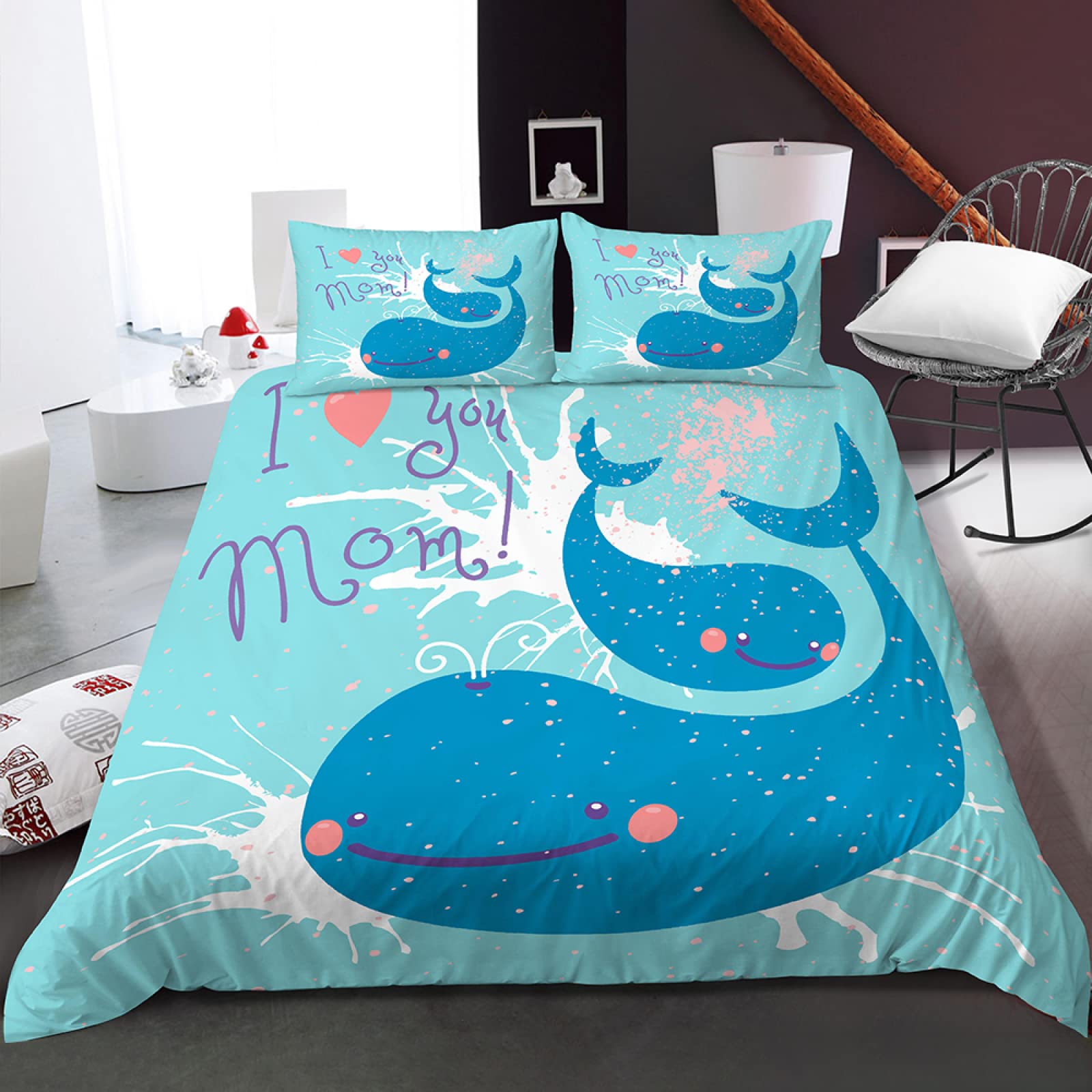 Housse de Couette Baleine Bleue Finie la Couette qui Glisse avec la Fermeture Éclair