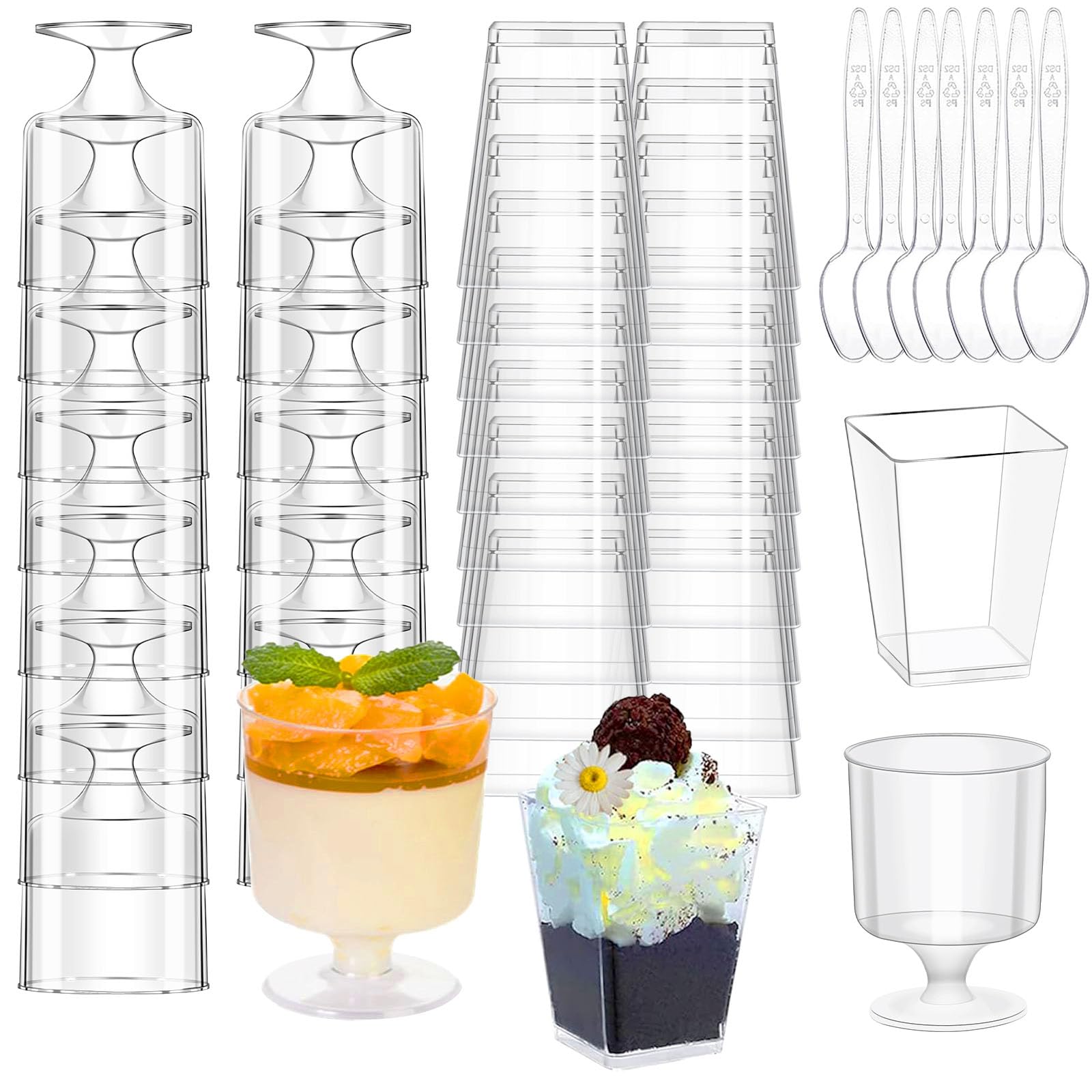 mwellewm 300 Packs Dessert Cups with Spoons, 5 OZ Mini Clear Plastic Dessert Parfait Cup for Party, Square Dessert Shot Glasse Round Goblet Small Reusable Fruit Ice Cream Pudding Appetizer Cup Bowls