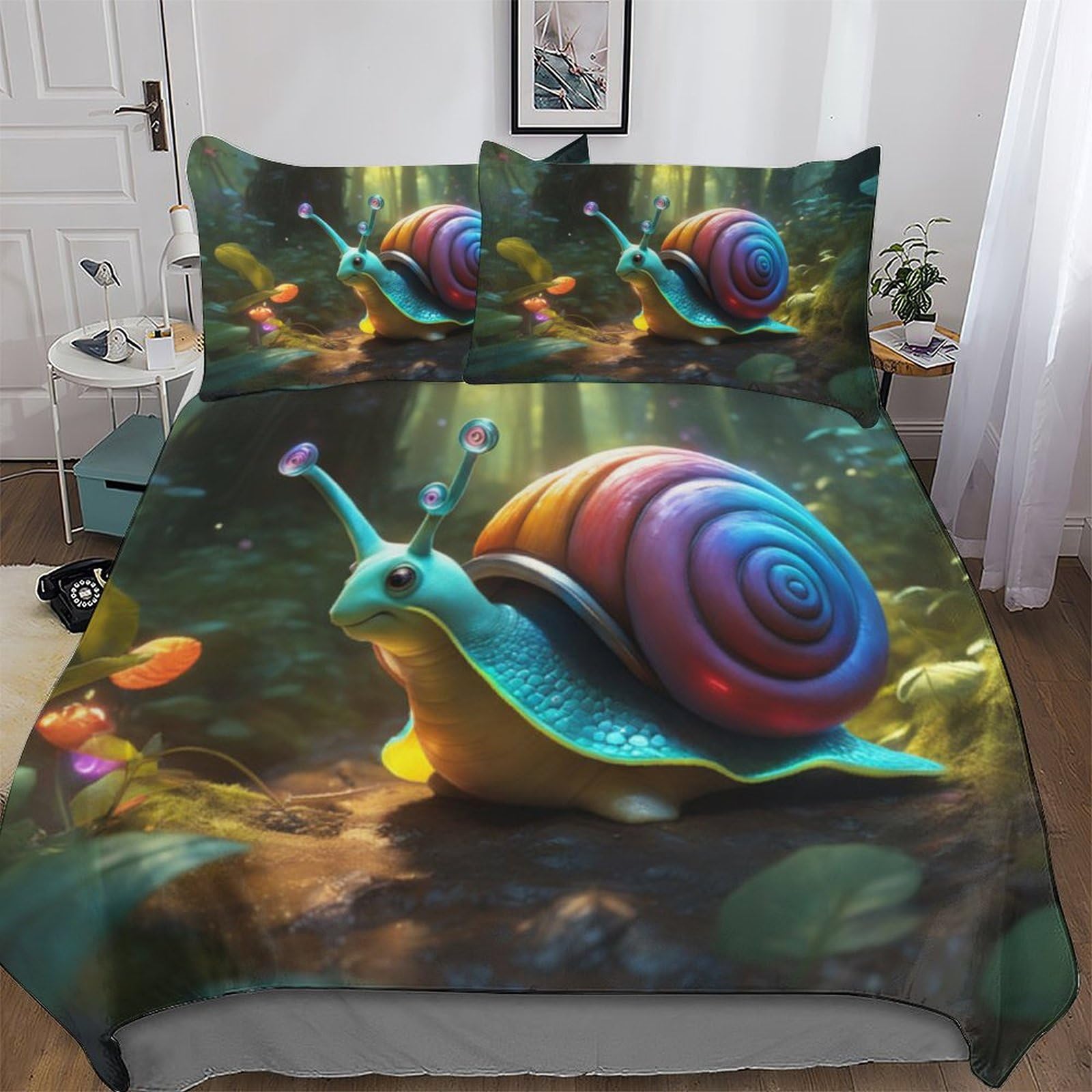 Cute Snail Bedding 2 Pieces Set for Kids Boys Girls Teens Bedroom Duvet Cover Soft Quilt Cover Microfiber Easy Care Comforter Cover with Pillowcase Single (135x200cm)