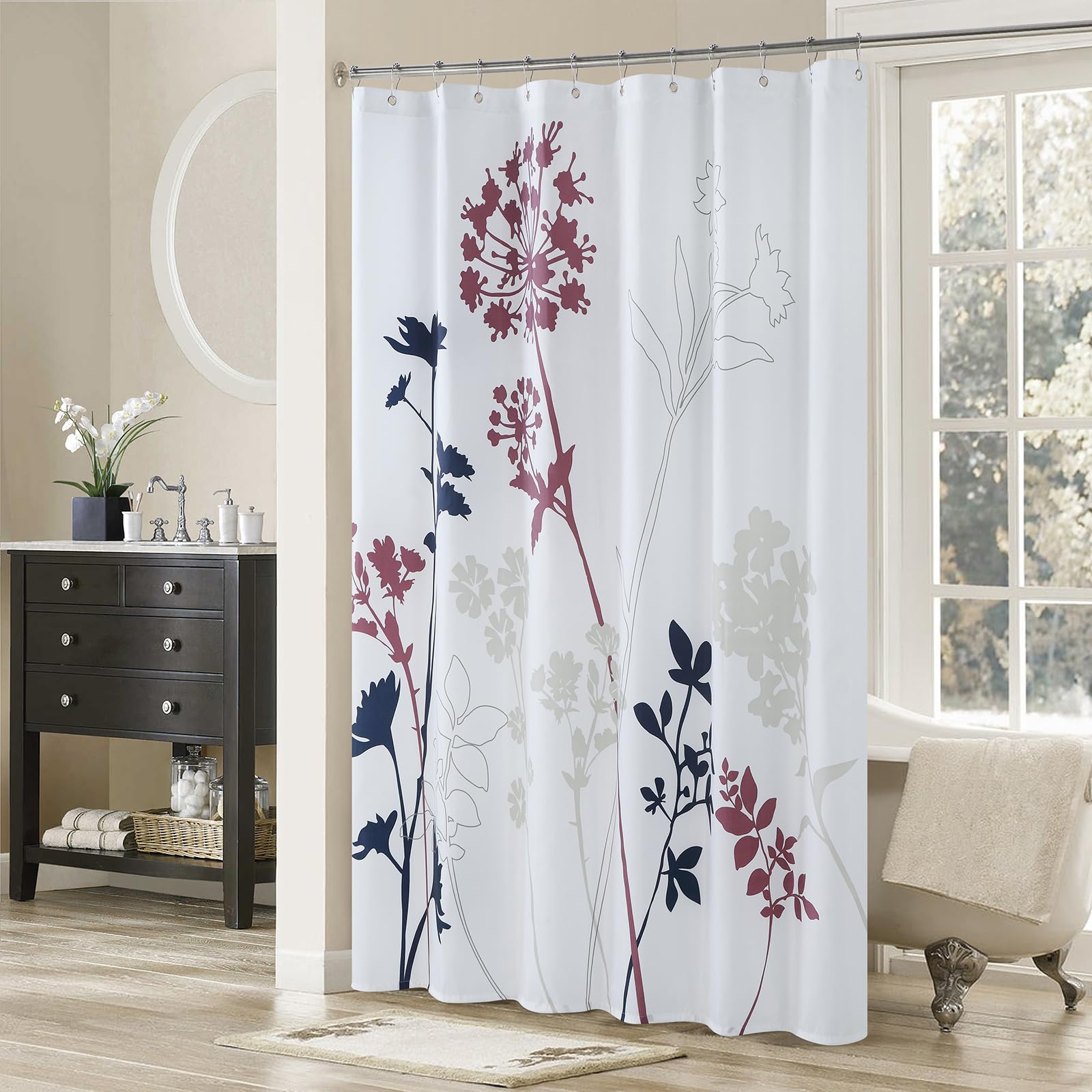 MVSUTA Silhouette Red Flower Polyester Burgundy Fabric Plants Teal Waterproof Navy Leaves Farmhouse Shower Curtain,White Floral Bathroom Curtains,72" W x 72" H