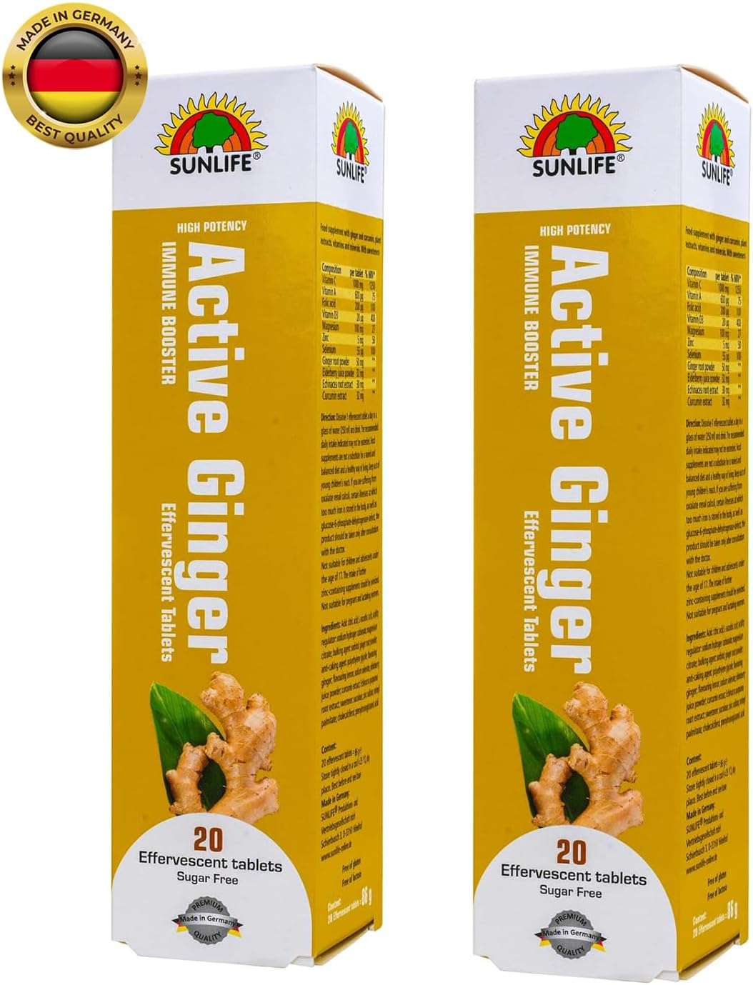 Food Factor Sunlife Effervescent Vitamin C with Active Ginger High Potency Immune Booster TAB 20s Made in Germany (GINGER, PACK OF 2)